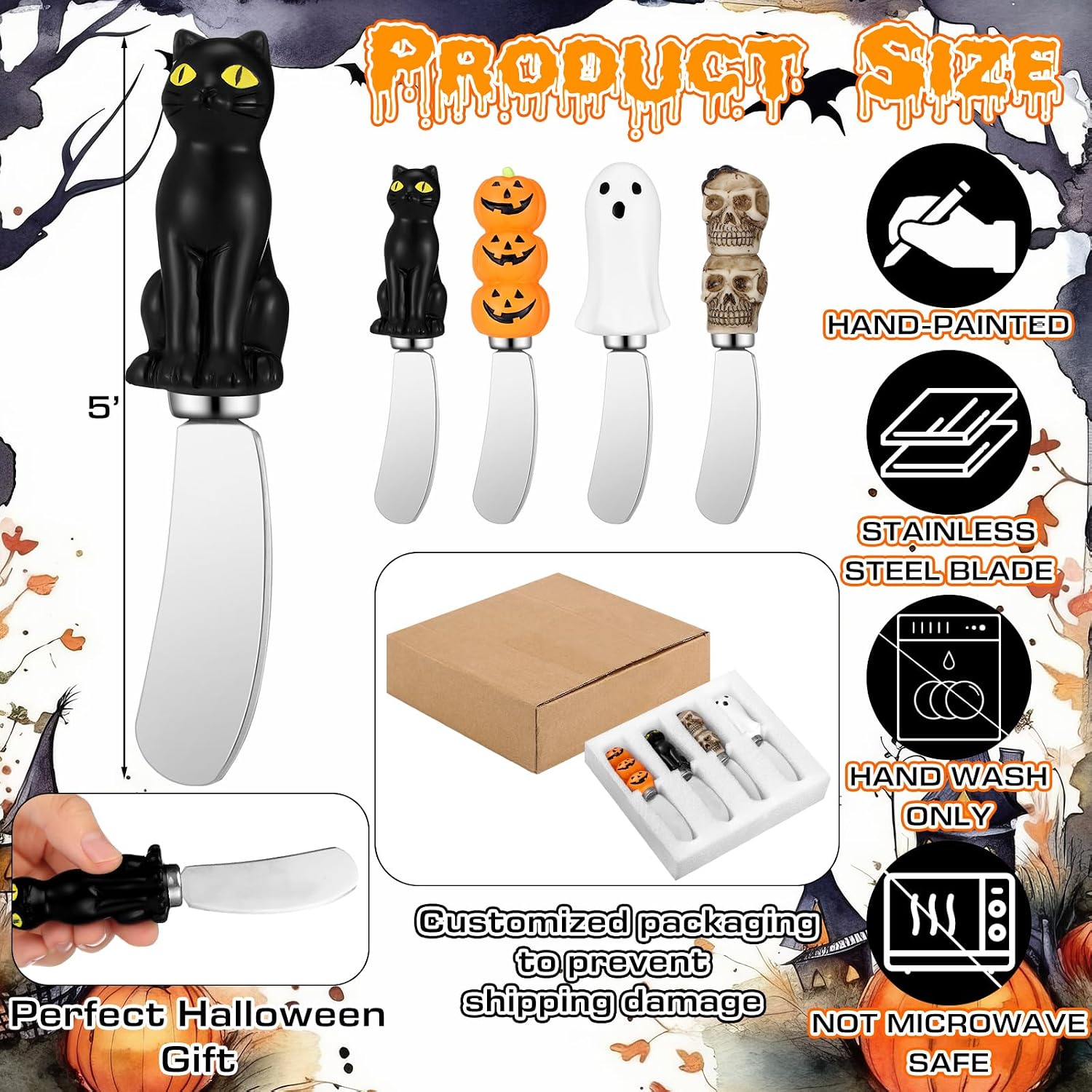 Aldernest 4 Pcs Halloween Cheese Knives for Charcuterie, 9.1 ounces