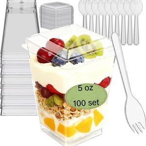 Ashenby 300 Pack 100 Set Clear Dessert Cups with Lids and Spoons, 0.8 kg, 5.4oz-100pcs