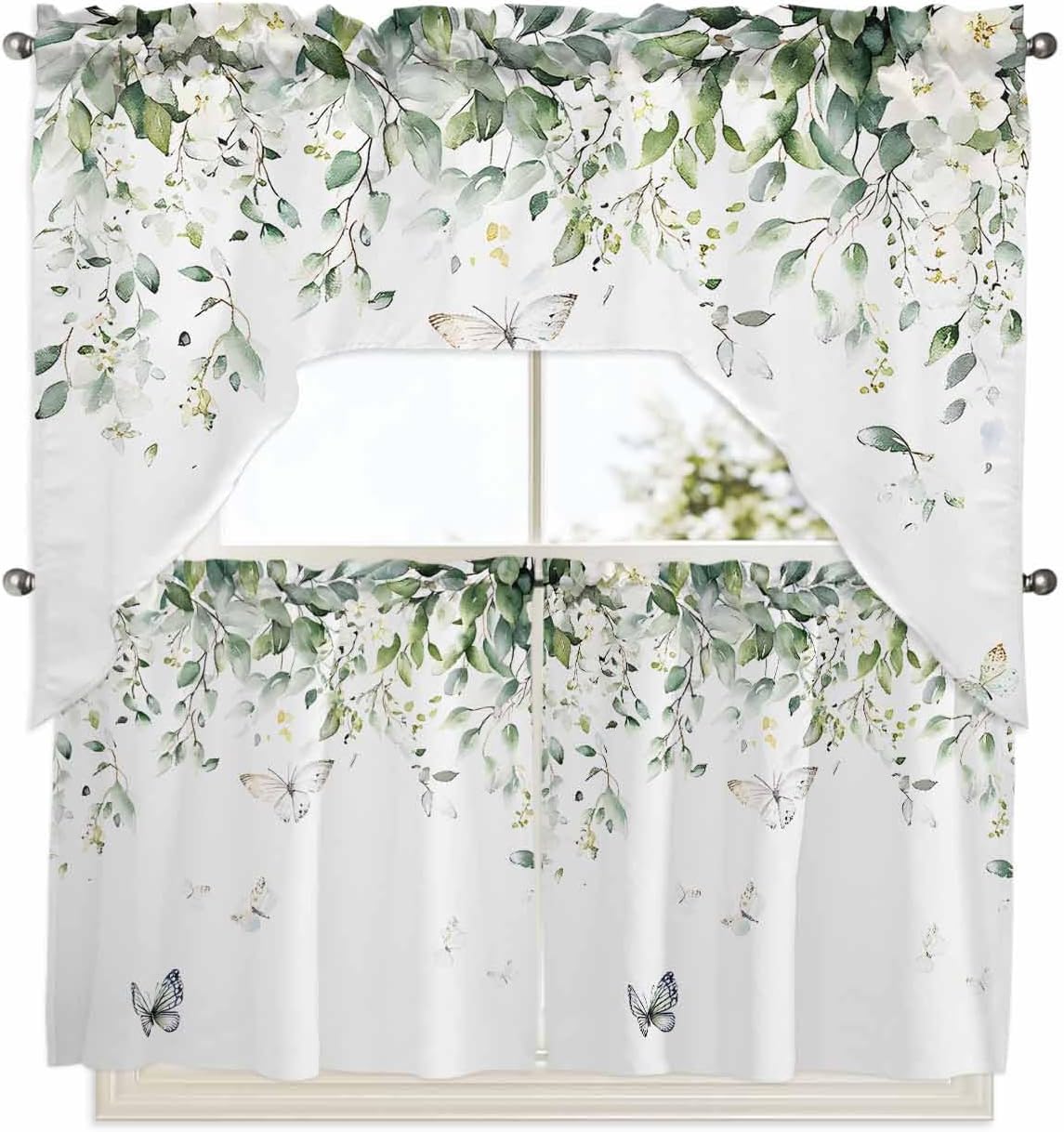 Rowanmere Sage Green Eucalyptus Leaf Kitchen Curtains Sets for Windows 3 Piece, 27.5"W x 24"L (Pack of 3), Sage Green White