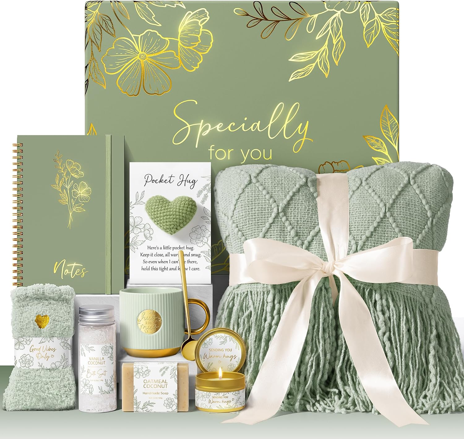 Ashenby Birthday Self Care Gifts for Women Get Well Soon Gift Baskets Care Package, 2.14 kg, 127 cm x 170 cm, Sage Green, 10 Count