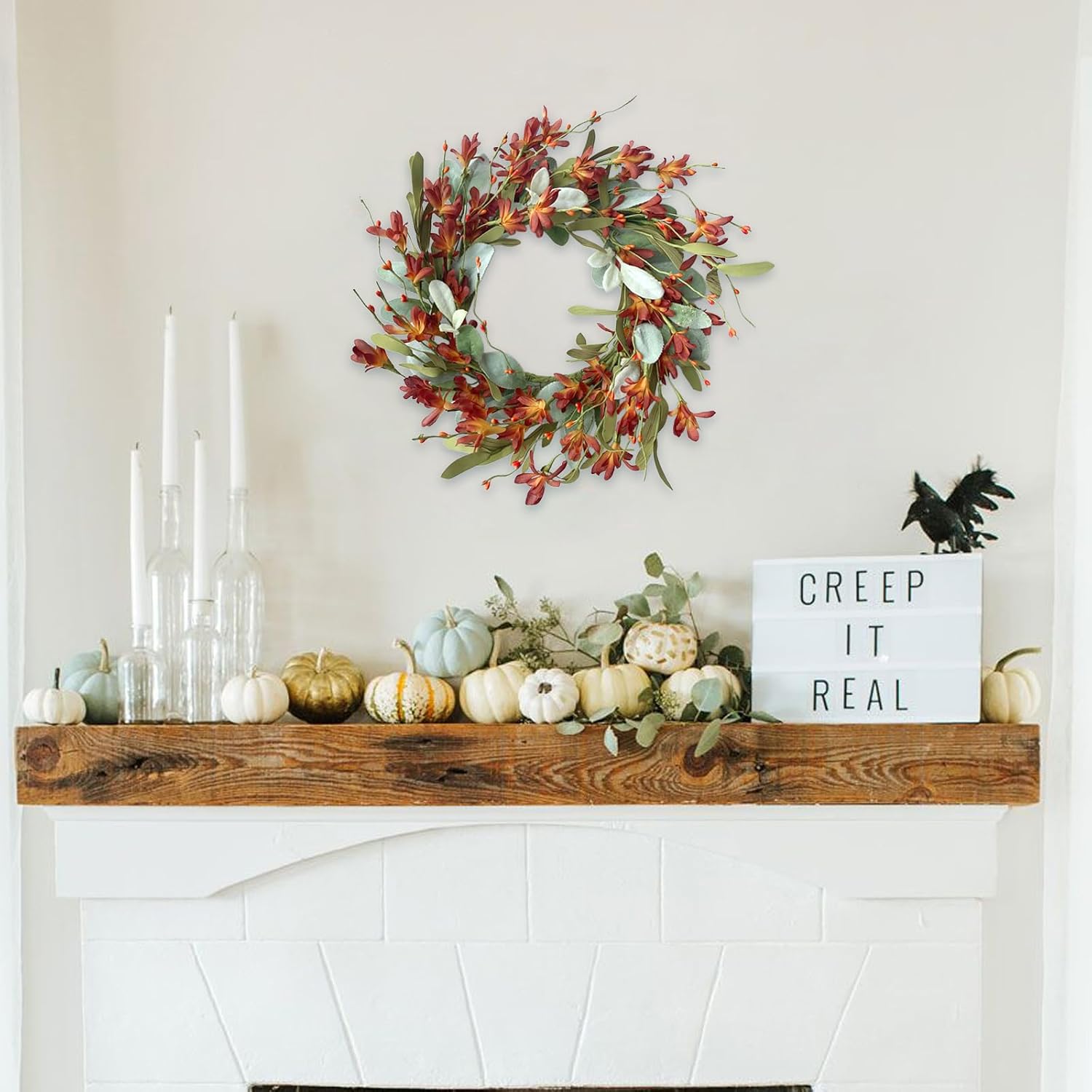 Aldernest 15 Inches Fall Wreaths for Front Door Artificial Autumn Wreath with Forsythia Flowers Greenery Leaves Orange Berries for Outside Indoor Wall