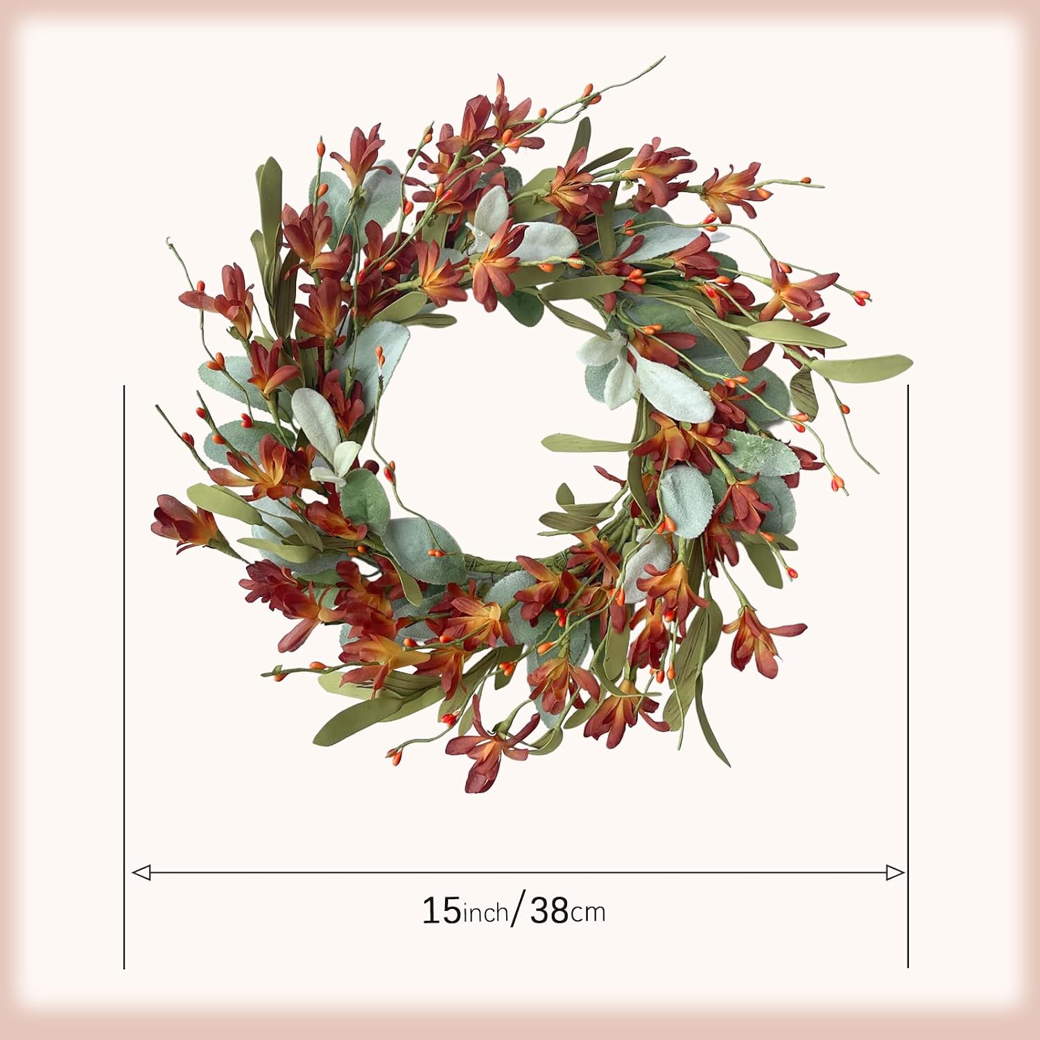 Aldernest 15 Inches Fall Wreaths for Front Door Artificial Autumn Wreath with Forsythia Flowers Greenery Leaves Orange Berries for Outside Indoor Wall