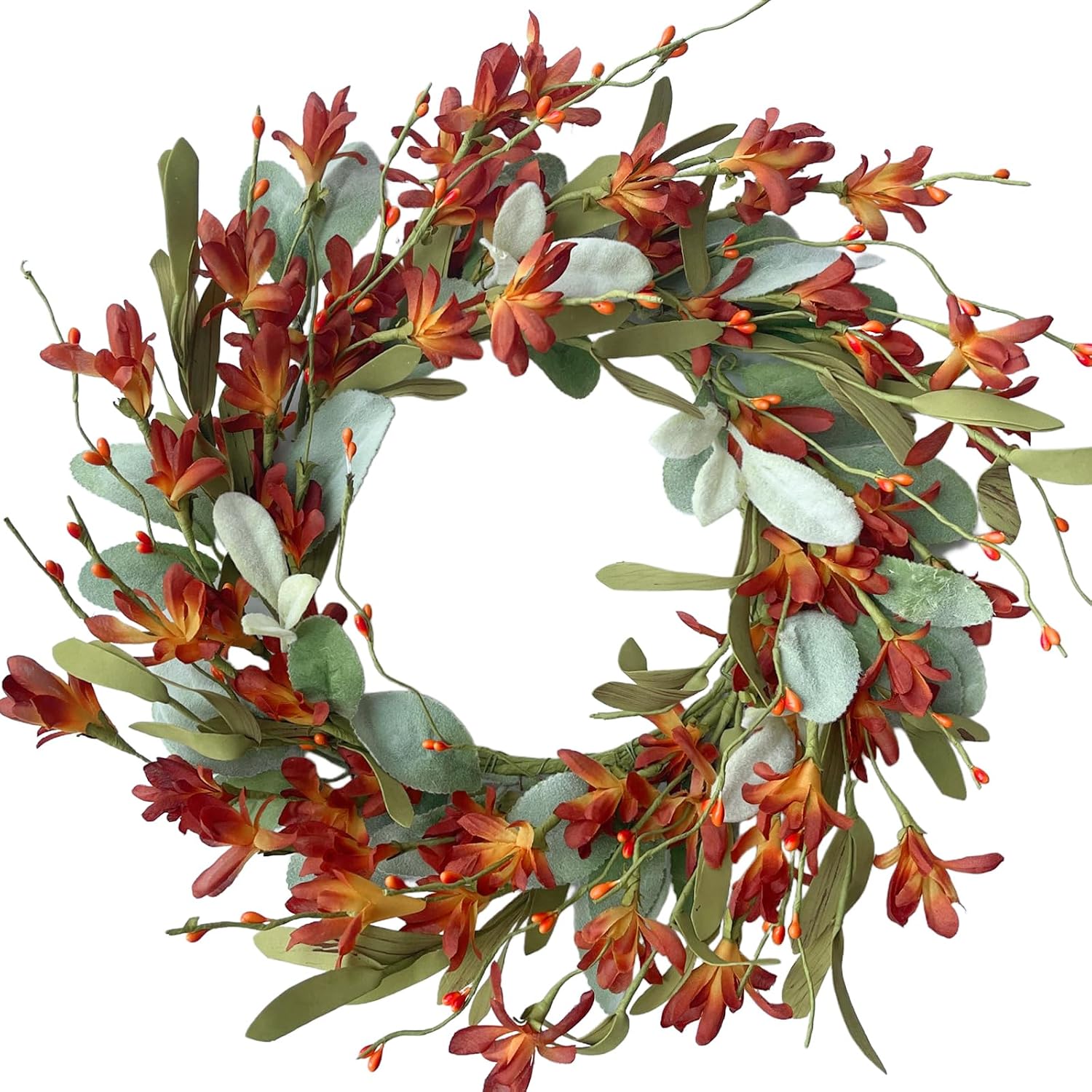 Aldernest 15 Inches Fall Wreaths for Front Door Artificial Autumn Wreath with Forsythia Flowers Greenery Leaves Orange Berries for Outside Indoor Wall