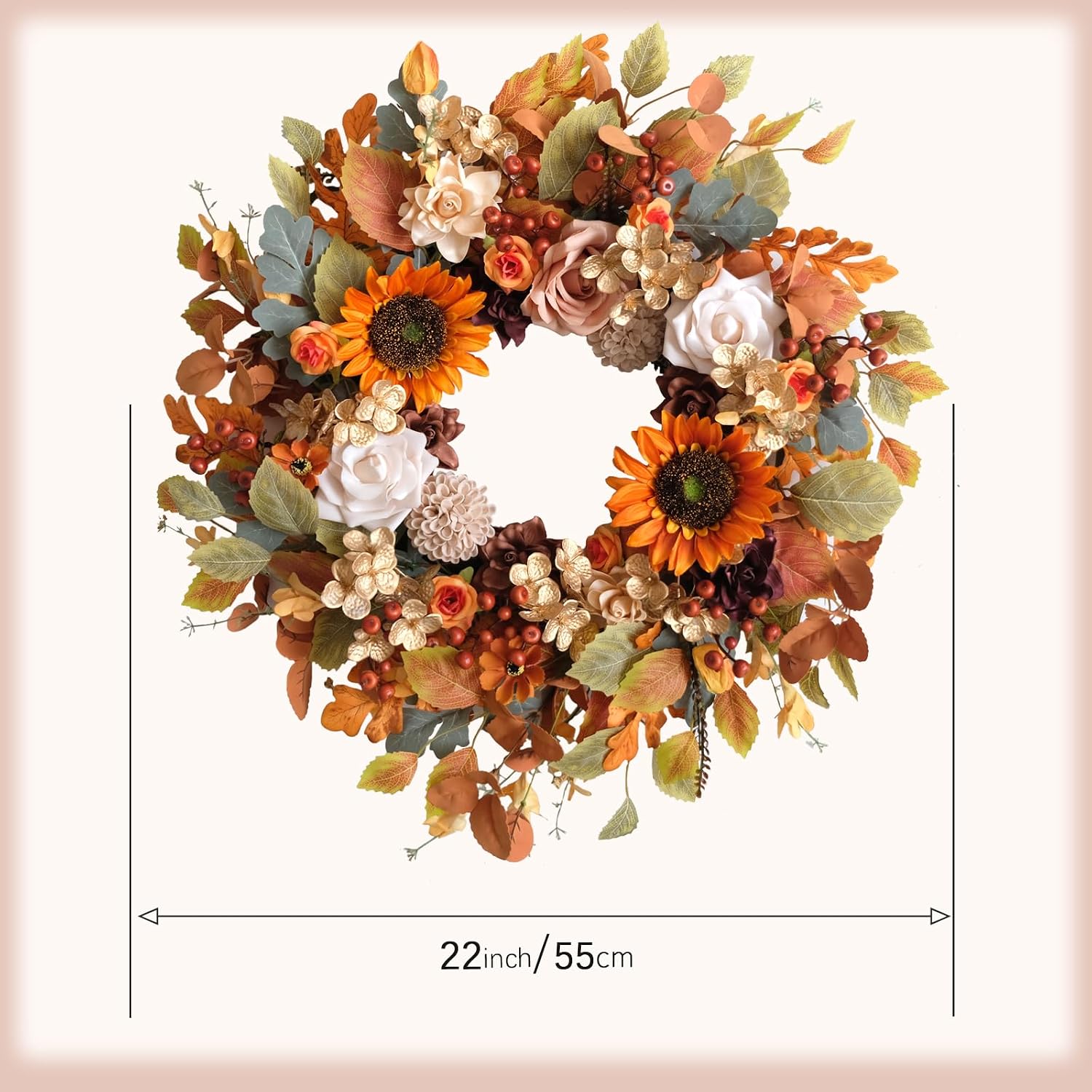 Aldernest 22 Inch Fall Wreaths for Front Door Artificial Flower Wreath with Sunflowers Leaves Large Autumn Farmhouse Wreath for Inside Outside Wall
