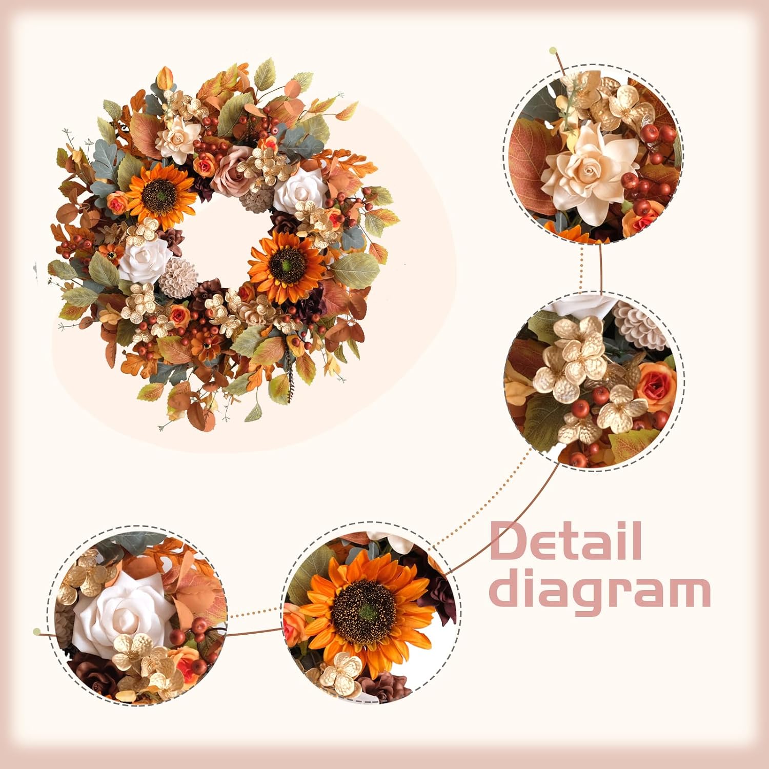Aldernest 22 Inch Fall Wreaths for Front Door Artificial Flower Wreath with Sunflowers Leaves Large Autumn Farmhouse Wreath for Inside Outside Wall