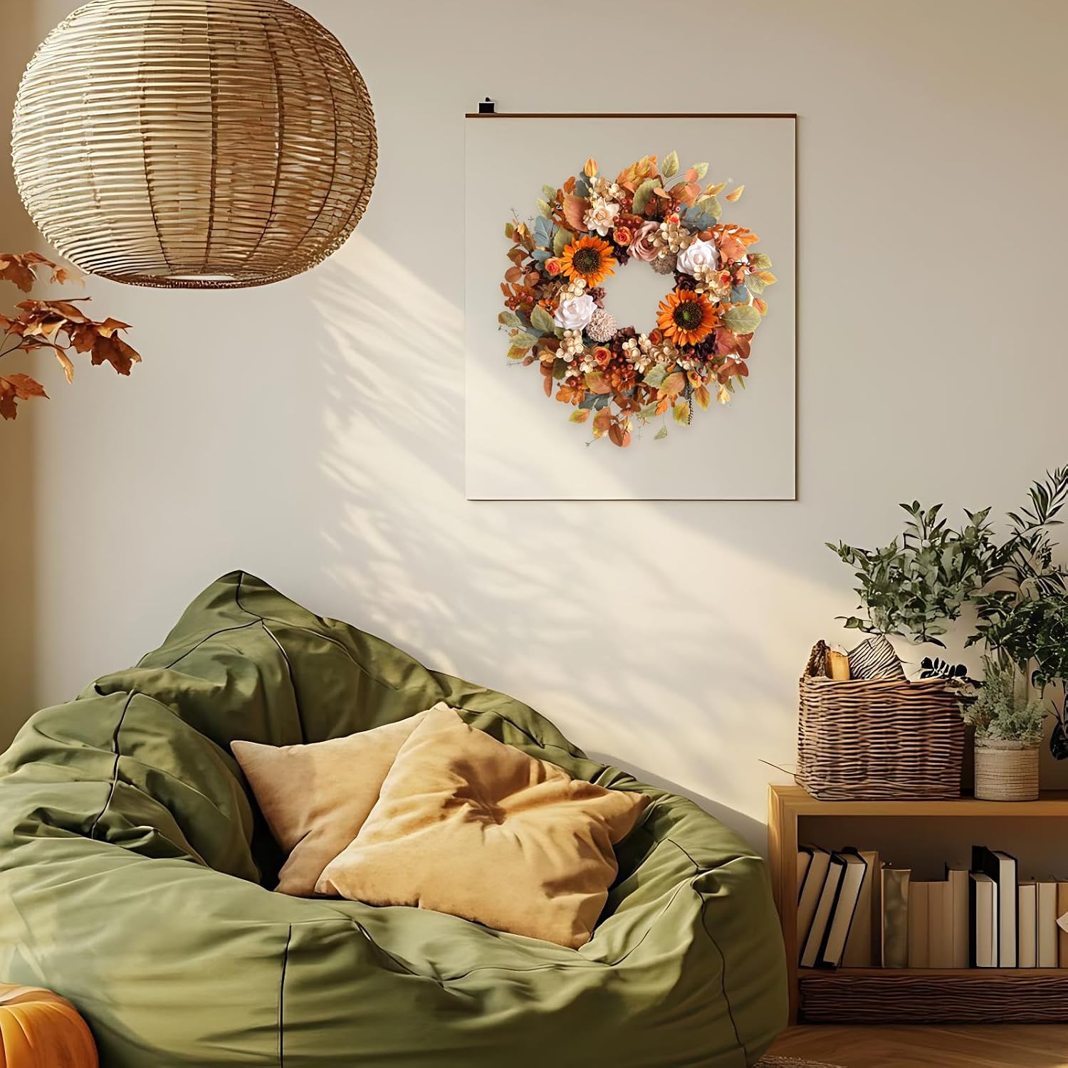 Aldernest 22 Inch Fall Wreaths for Front Door Artificial Flower Wreath with Sunflowers Leaves Large Autumn Farmhouse Wreath for Inside Outside Wall