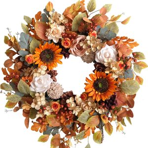 Aldernest 22 Inch Fall Wreaths for Front Door Artificial Flower Wreath with Sunflowers Leaves Large Autumn Farmhouse Wreath for Inside Outside Wall