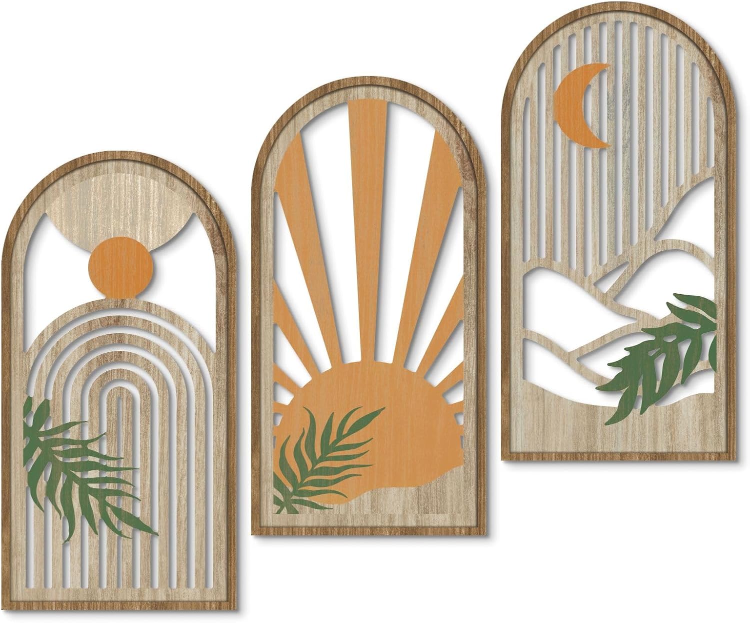 Ashenby Boho Plant Wall Art, Wood Modern Minimalist Wall Decor, 0.68 kg, 15.6 x 8 inches, Sunrise Earthtone, 3 Count