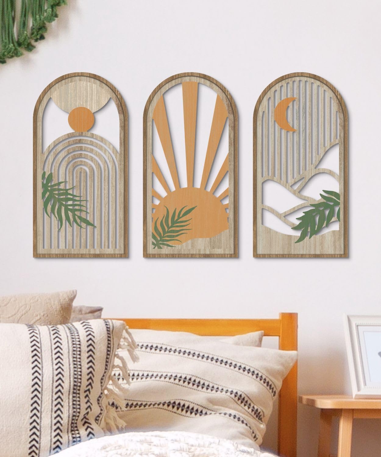 Ashenby Boho Plant Wall Art, Wood Modern Minimalist Wall Decor, 0.68 kg, 15.6 x 8 inches, Sunrise Earthtone, 3 Count