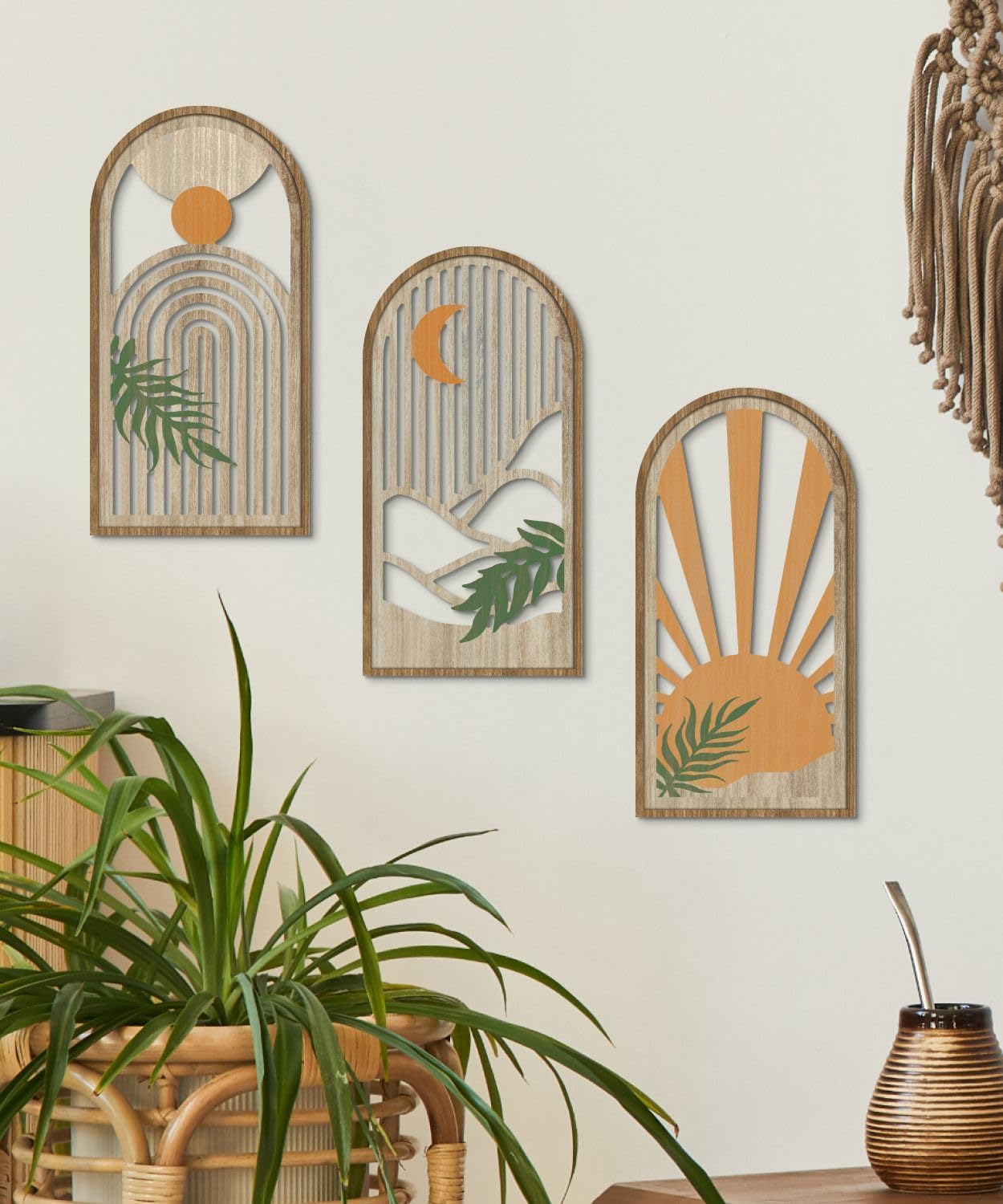 Ashenby Boho Plant Wall Art, Wood Modern Minimalist Wall Decor, 0.68 kg, 15.6 x 8 inches, Sunrise Earthtone, 3 Count