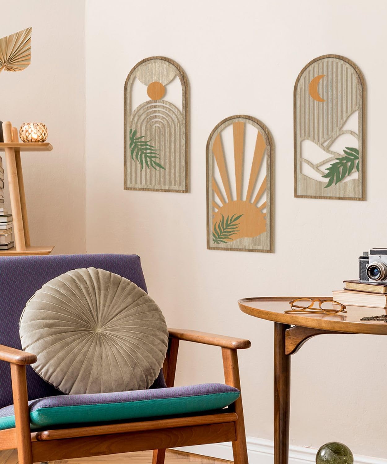 Ashenby Boho Plant Wall Art, Wood Modern Minimalist Wall Decor, 0.68 kg, 15.6 x 8 inches, Sunrise Earthtone, 3 Count