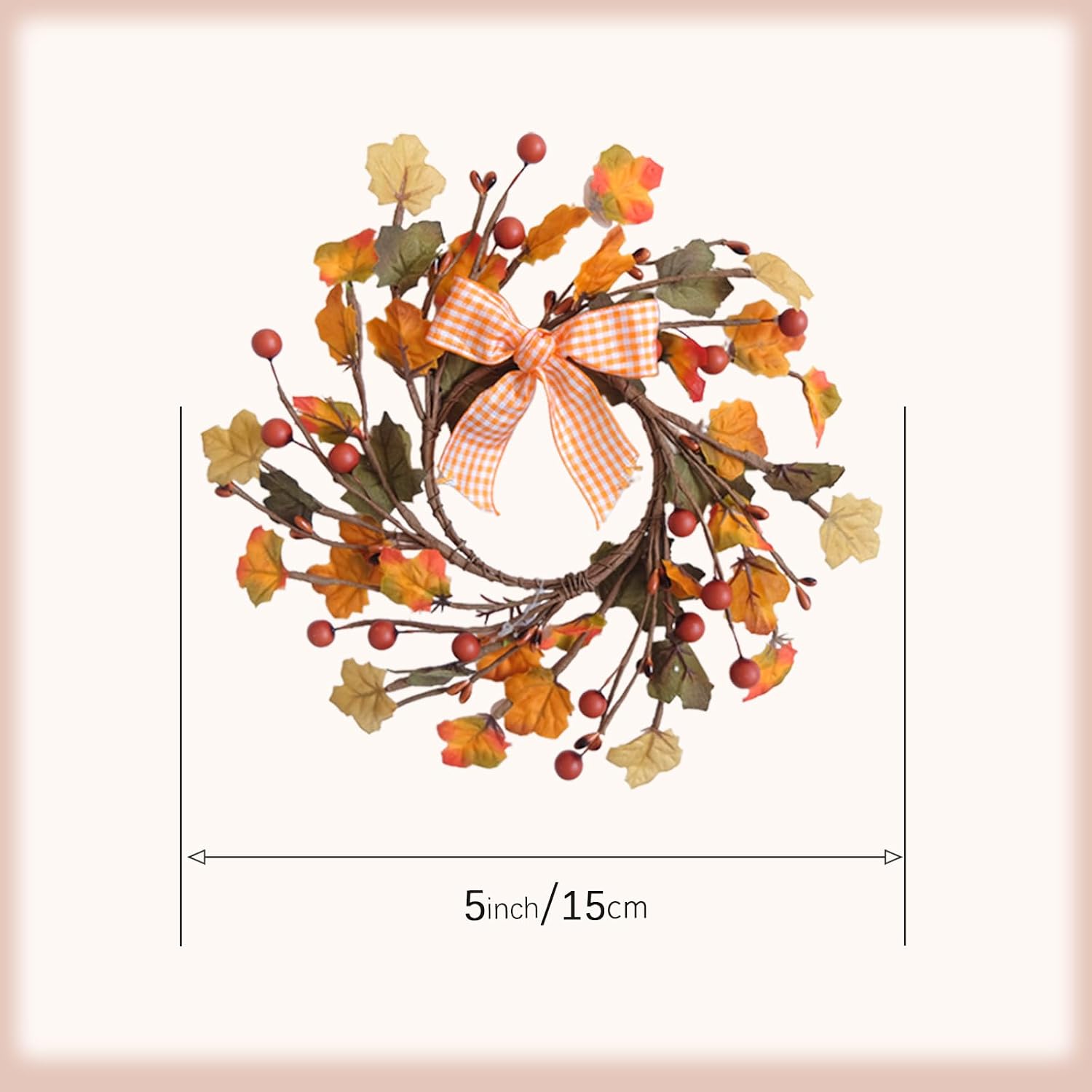 Aldernest 6 Inches Fall Front Door Wreath Artificial Mini Autumn Wreaths with Maple Leaf Red Berry Bow Fall Candle Rings Wreath for Inside Outside