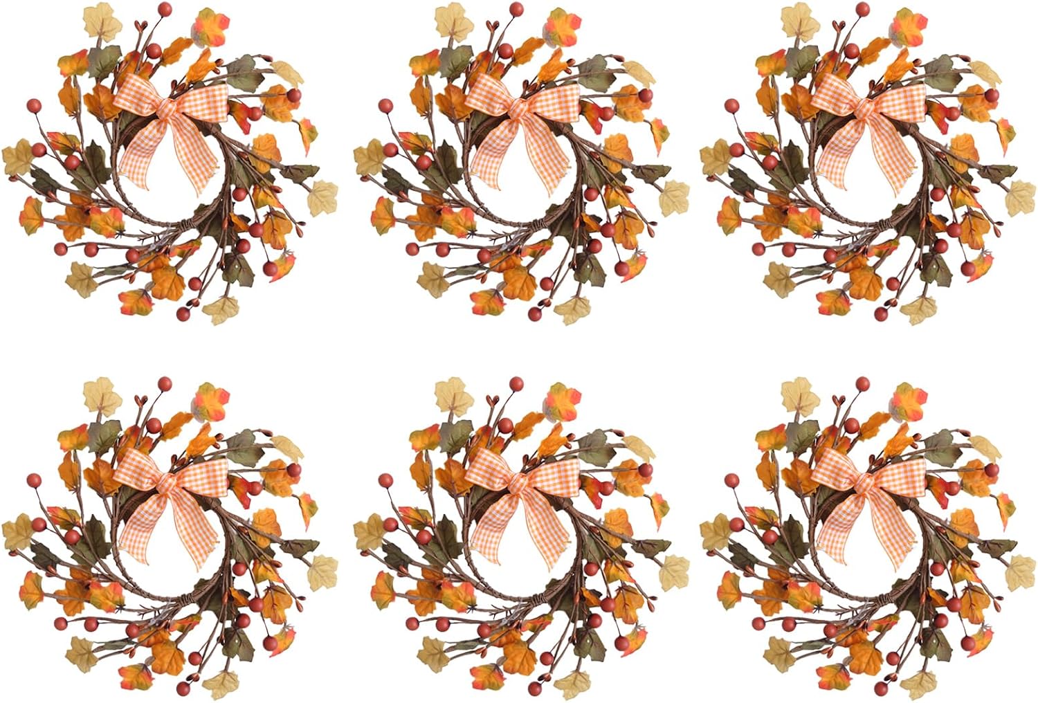 Aldernest 6 Inches Fall Front Door Wreath Artificial Mini Autumn Wreaths with Maple Leaf Red Berry Bow Fall Candle Rings Wreath for Inside Outside