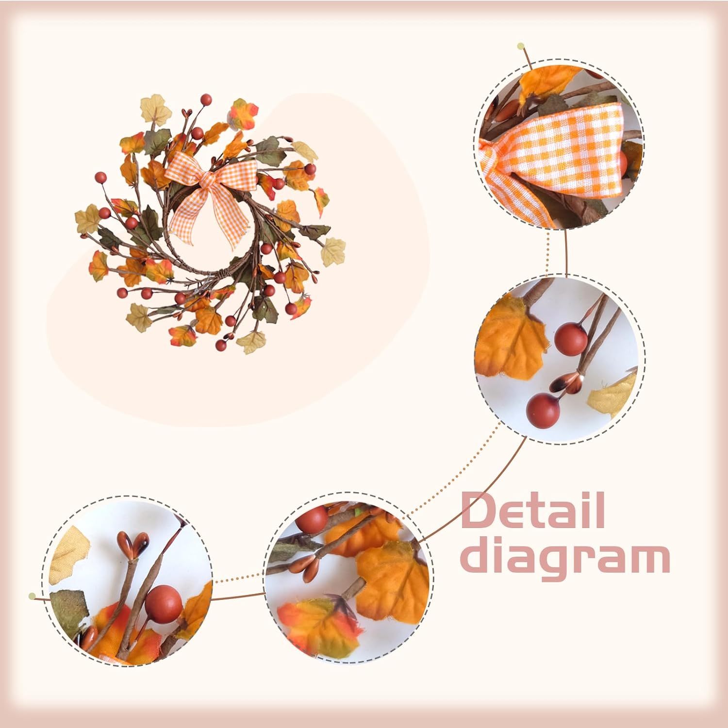Aldernest 6 Inches Fall Front Door Wreath Artificial Mini Autumn Wreaths with Maple Leaf Red Berry Bow Fall Candle Rings Wreath for Inside Outside