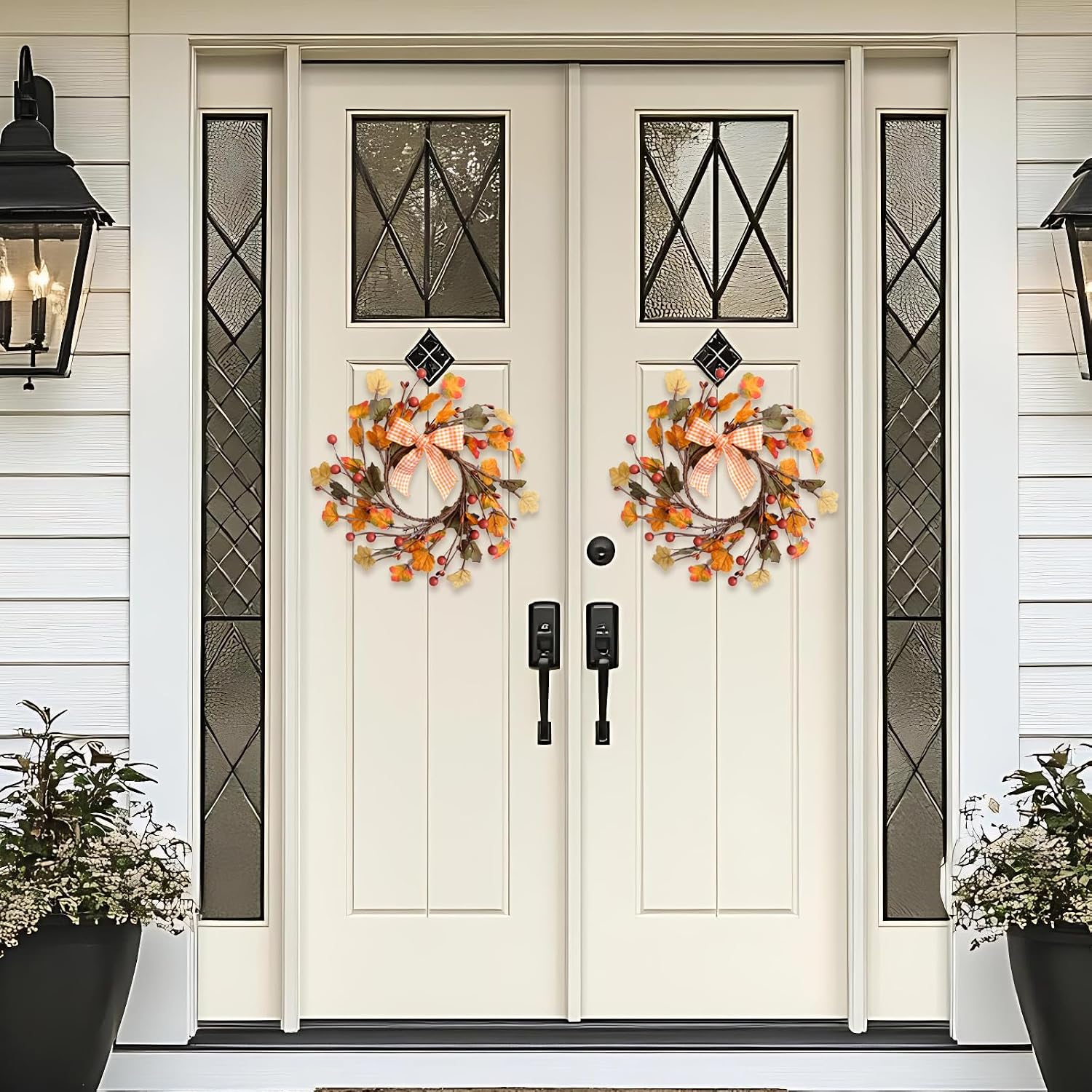 Aldernest 6 Inches Fall Front Door Wreath Artificial Mini Autumn Wreaths with Maple Leaf Red Berry Bow Fall Candle Rings Wreath for Inside Outside