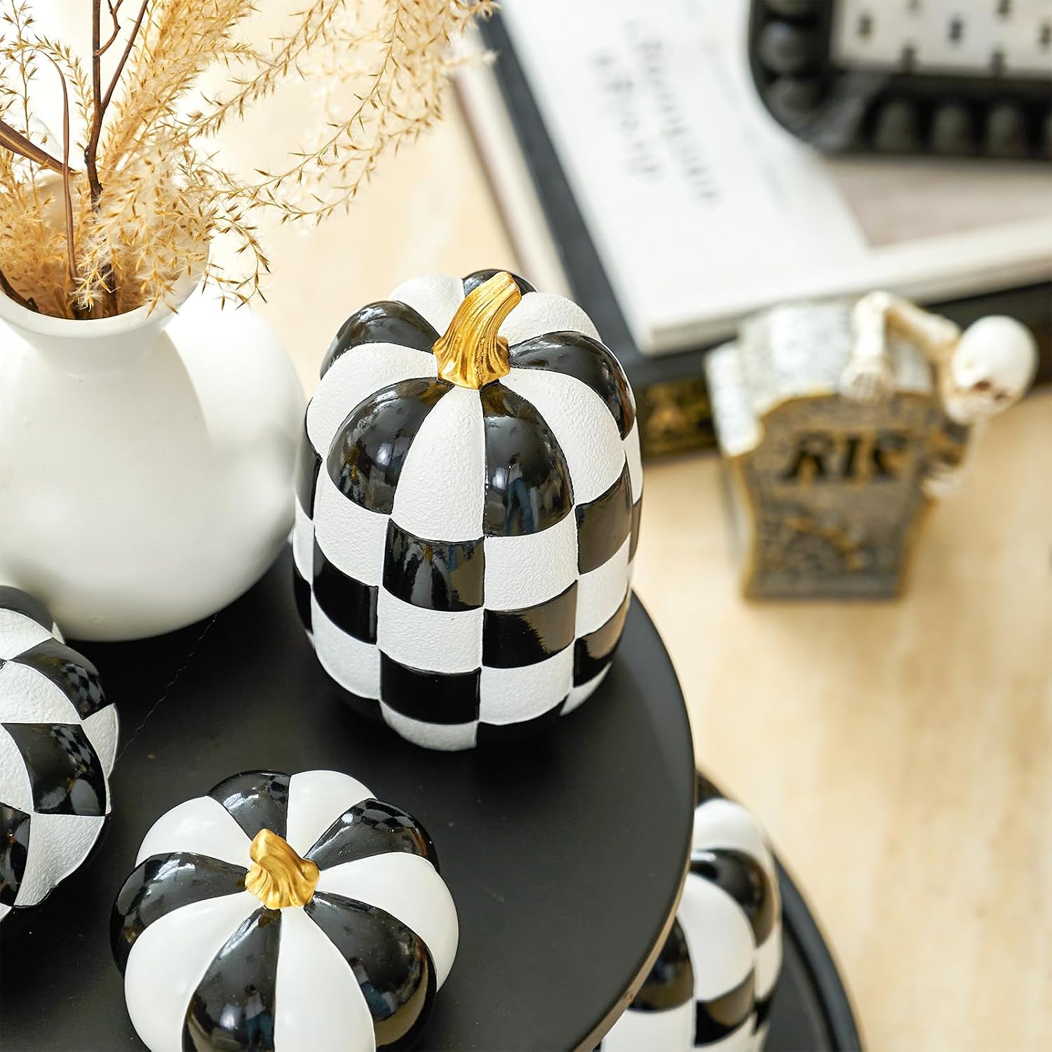 Aldernest 7PCS Decorative Pumpkins, Halloween & Fall Decor for Table, 3 pounds, Black & White