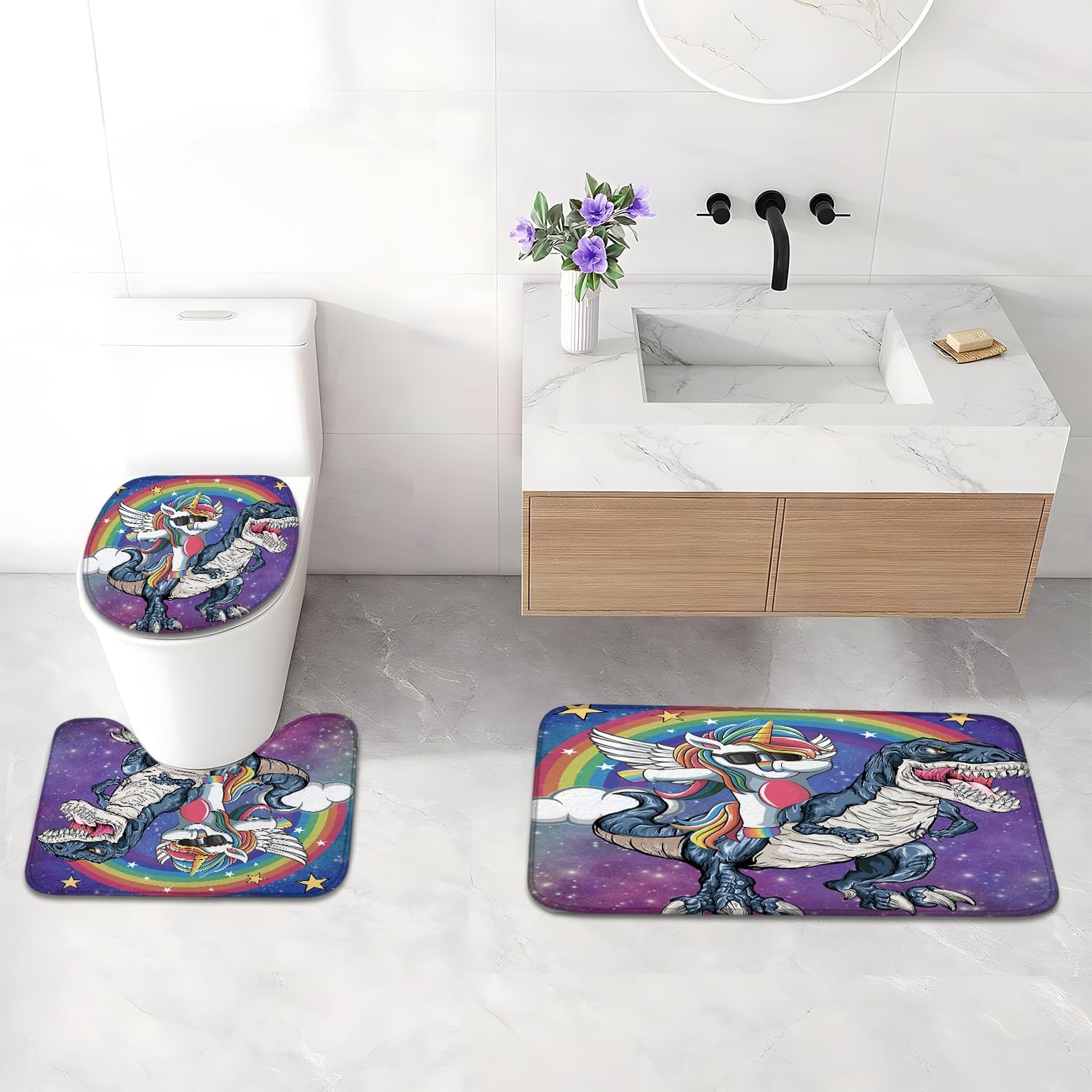 Ashenby 4Pcs Shower Curtain Set, Funny Unicorn Dinosaur Kids Bathroom Shower Curtain with Rugs and Accessories, 1.5 pounds, 72"W x 72"L (Pack of 4)