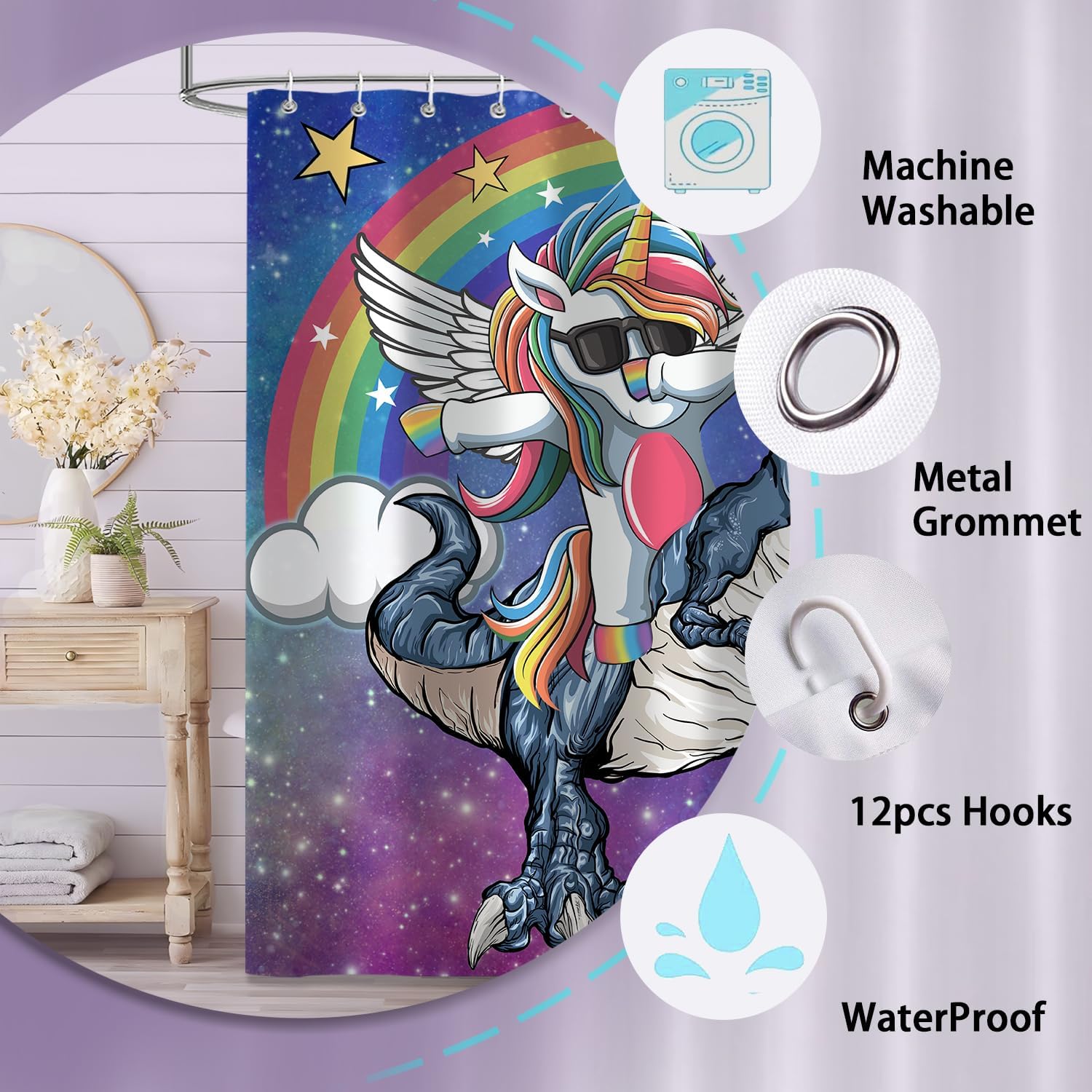 Ashenby 4Pcs Shower Curtain Set, Funny Unicorn Dinosaur Kids Bathroom Shower Curtain with Rugs and Accessories, 1.5 pounds, 72"W x 72"L (Pack of 4)