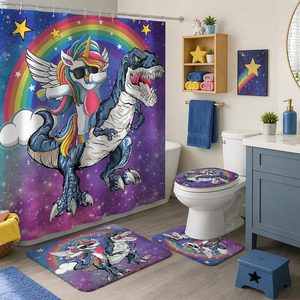 Ashenby 4Pcs Shower Curtain Set, Funny Unicorn Dinosaur Kids Bathroom Shower Curtain with Rugs and Accessories, 1.5 pounds, 72"W x 72"L (Pack of 4)