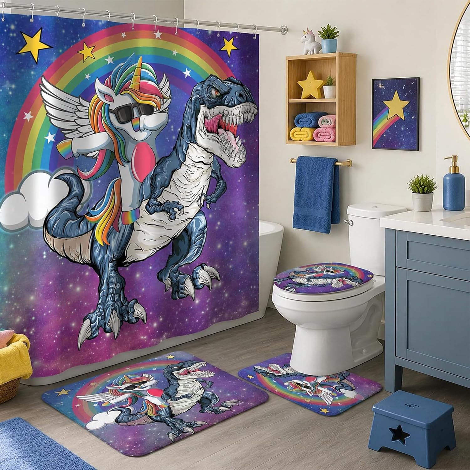 Ashenby 4Pcs Shower Curtain Set, Funny Unicorn Dinosaur Kids Bathroom Shower Curtain with Rugs and Accessories, 1.5 pounds, 72"W x 72"L (Pack of 4)