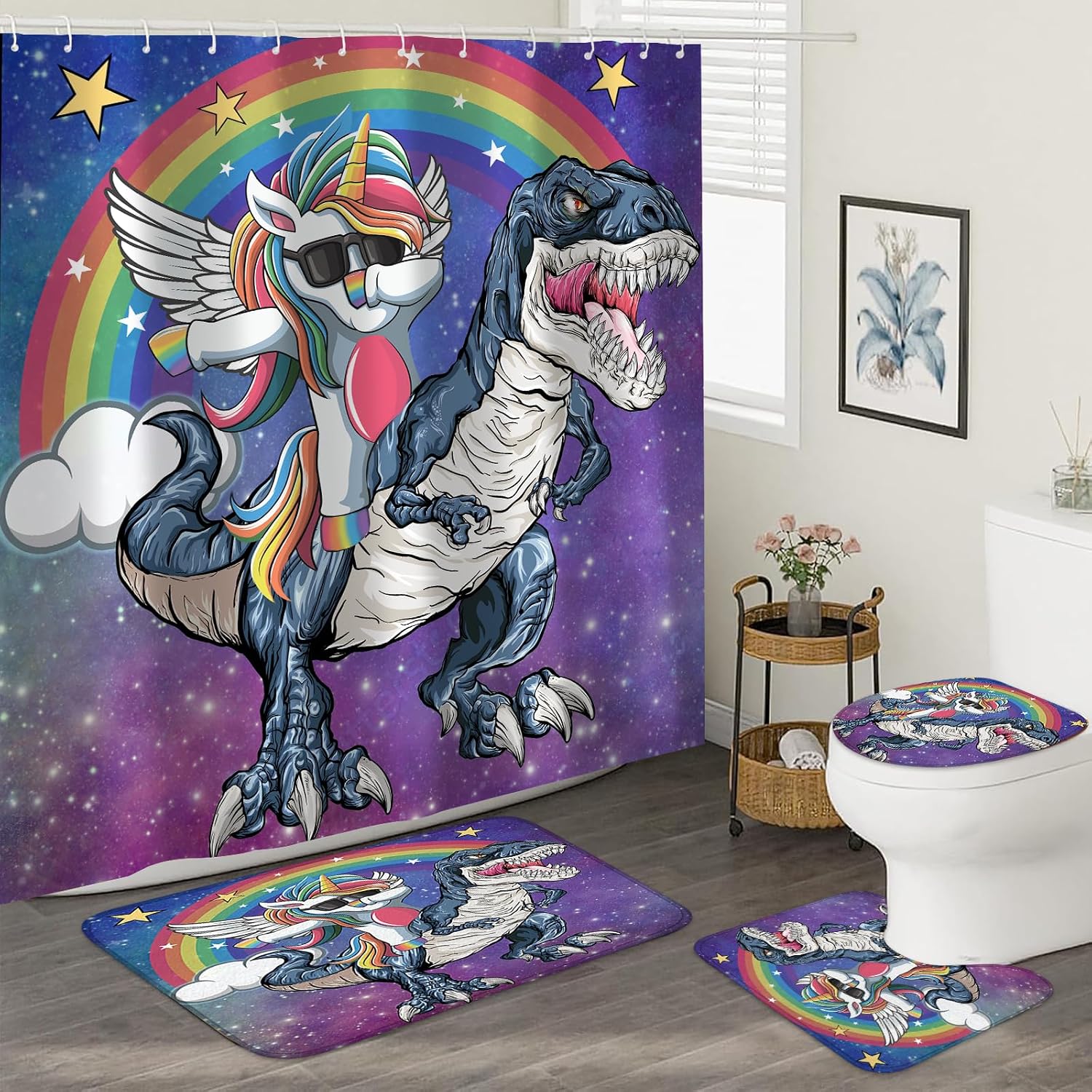 Ashenby 4Pcs Shower Curtain Set, Funny Unicorn Dinosaur Kids Bathroom Shower Curtain with Rugs and Accessories, 1.5 pounds, 72"W x 72"L (Pack of 4)