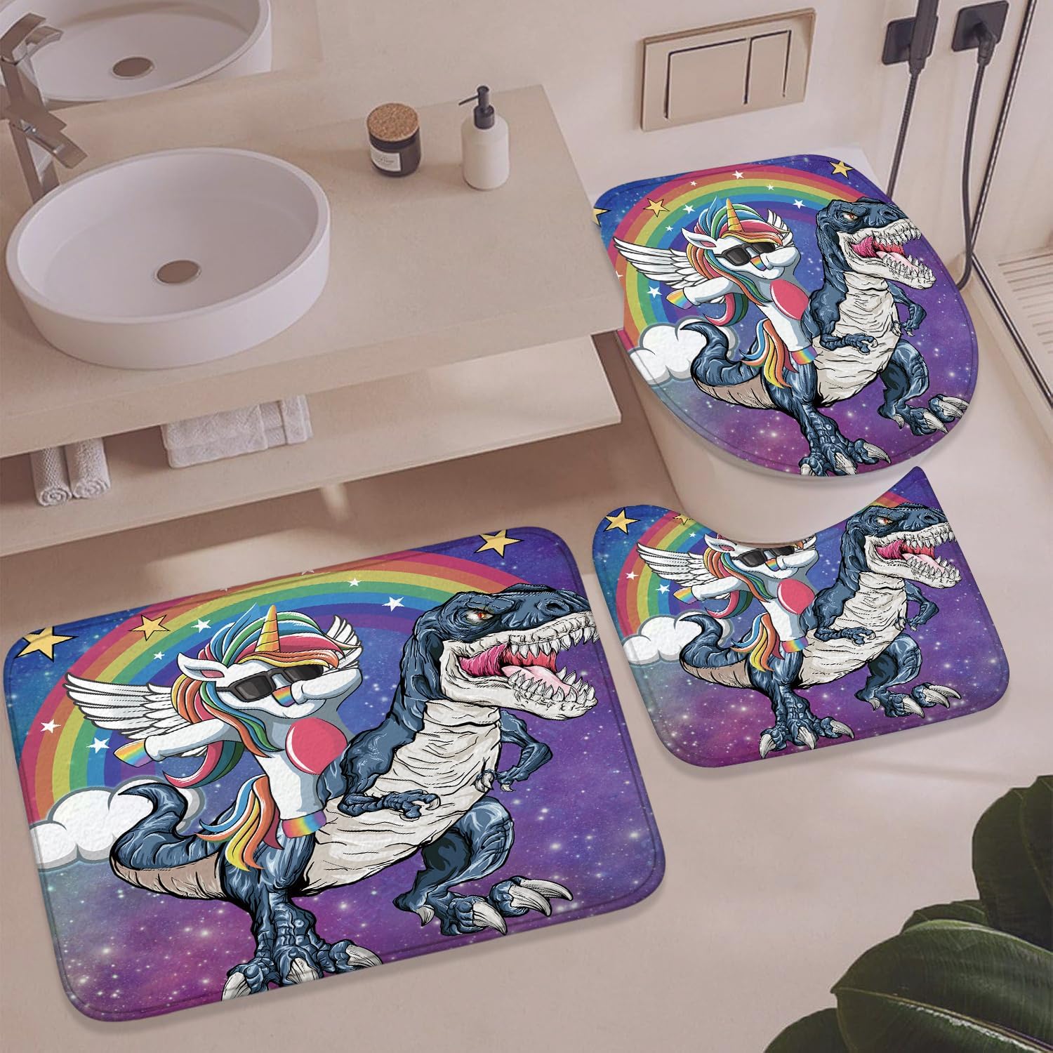 Ashenby 4Pcs Shower Curtain Set, Funny Unicorn Dinosaur Kids Bathroom Shower Curtain with Rugs and Accessories, 1.5 pounds, 72"W x 72"L (Pack of 4)