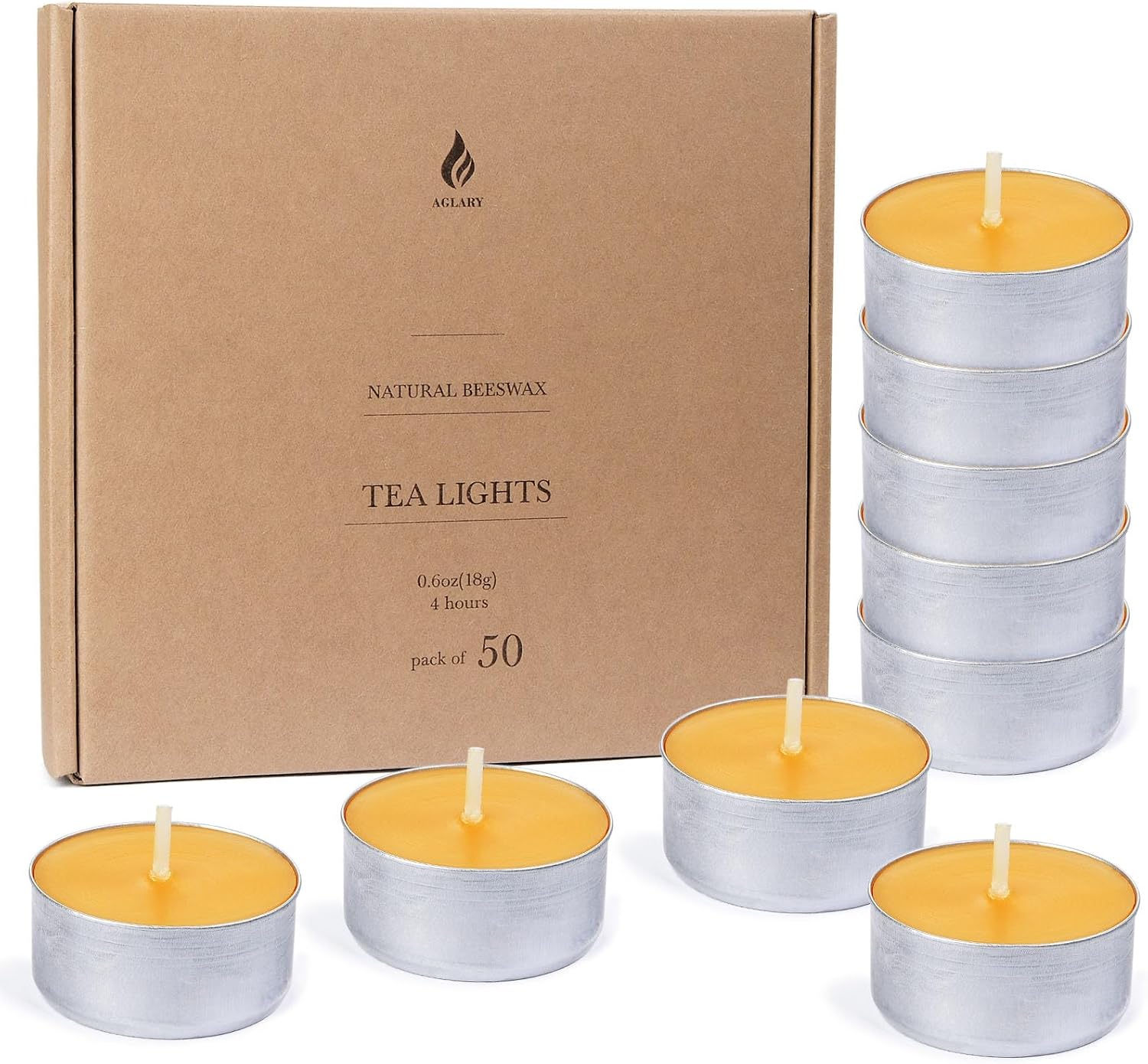 VelloHome 50PCS Beeswax Tealight Candles, Aluminum Cups, 4H Burn, Unscented, 2 pounds, Raw