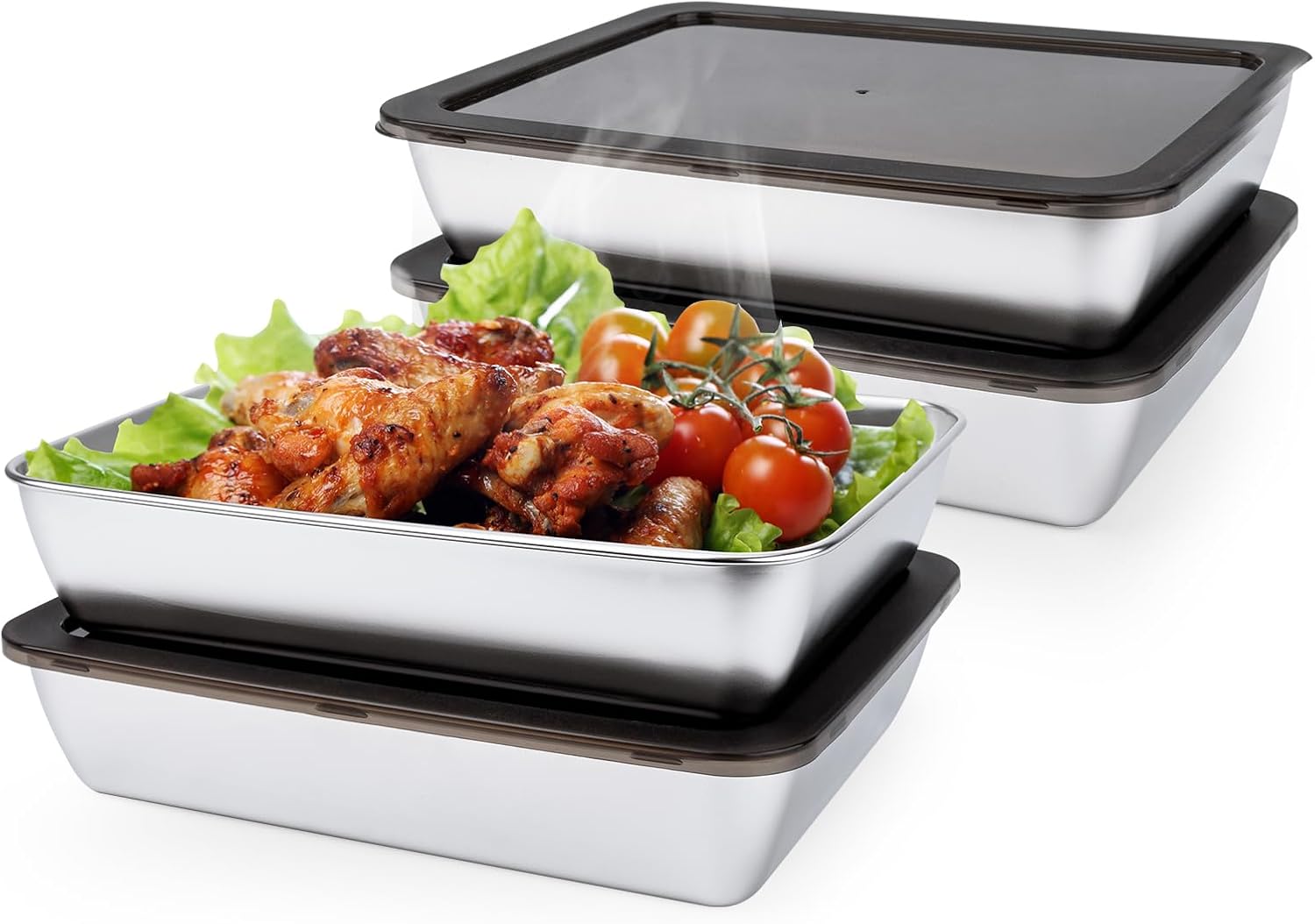 Birchmont 4 PCS Stainless Steel Food Storage Containers with lids, 2.16 Inch Deep, 8 ounces, 8x10 Inch