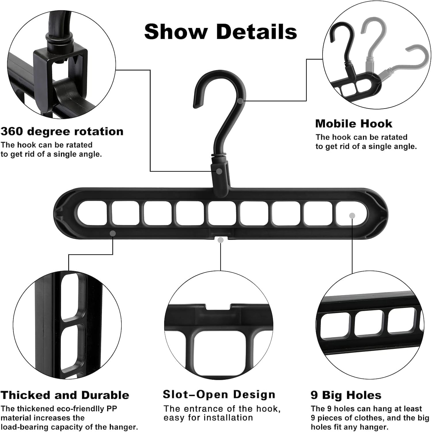 Aldernest 9 Space-Saving Hangers Heavy-Duty PP Plastic Tiered Hanger Organizer with Non-Slip Foldable Design, for Closet, 5