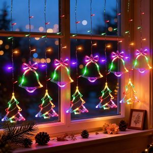 VelloHome Christmas Window Lights, 115 LED Indoor String Curtain Lights Tree Bell, Christmas tree+bell