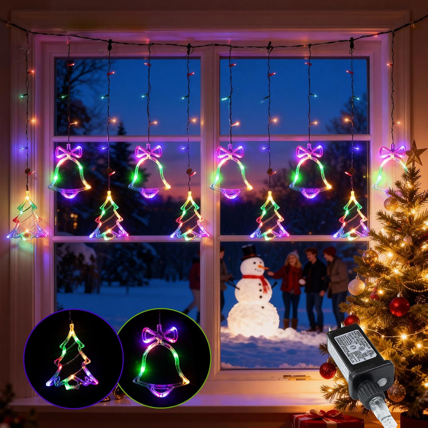 VelloHome Christmas Window Lights, 115 LED Indoor String Curtain Lights Tree Bell, Christmas tree+bell