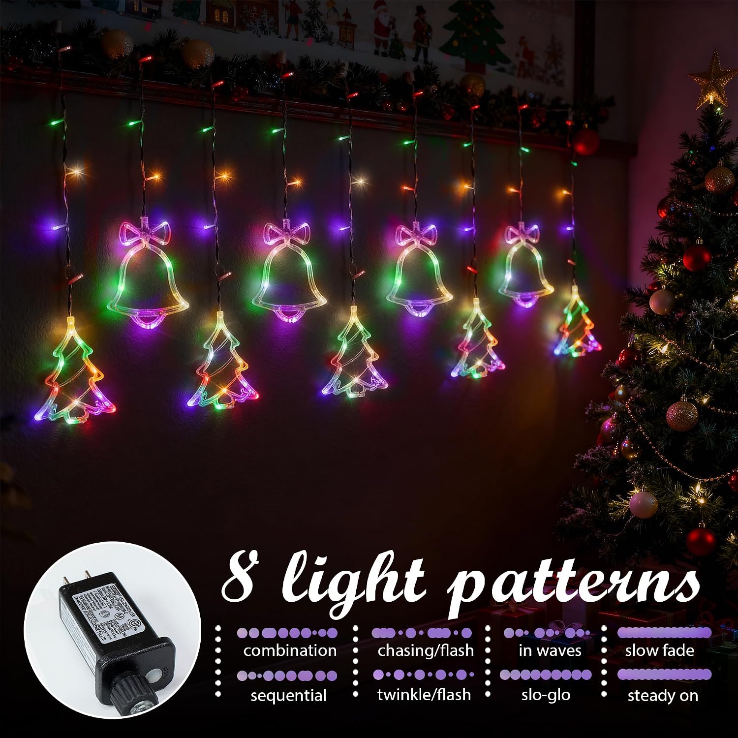 VelloHome Christmas Window Lights, 115 LED Indoor String Curtain Lights Tree Bell, Christmas tree+bell