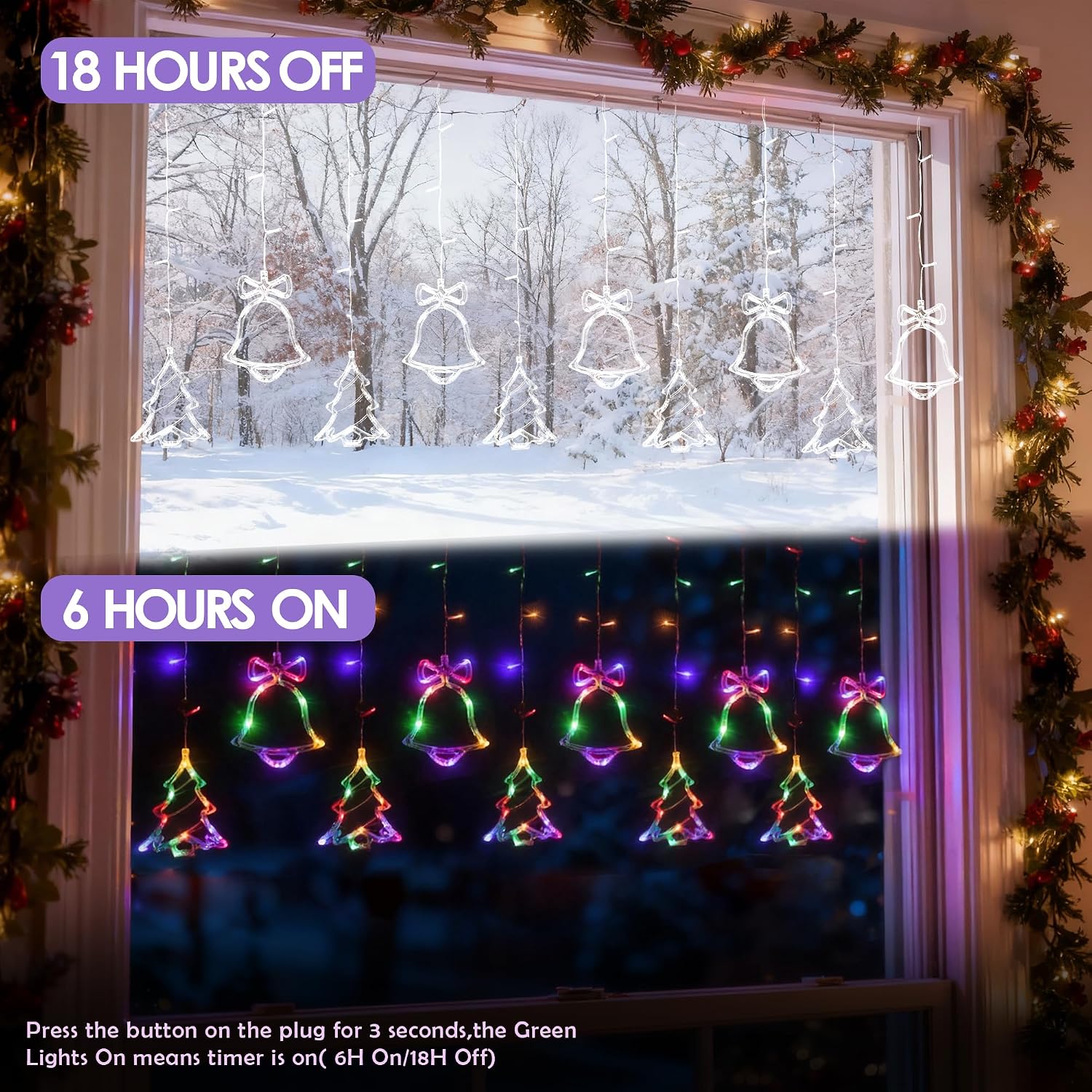 VelloHome Christmas Window Lights, 115 LED Indoor String Curtain Lights Tree Bell, Christmas tree+bell