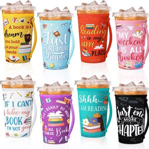 Aldernest 8 Pcs Coffee Sleeves Book Club Gifts Booklover Iced Hot Drinks, 22–24 oz iced coffee cups