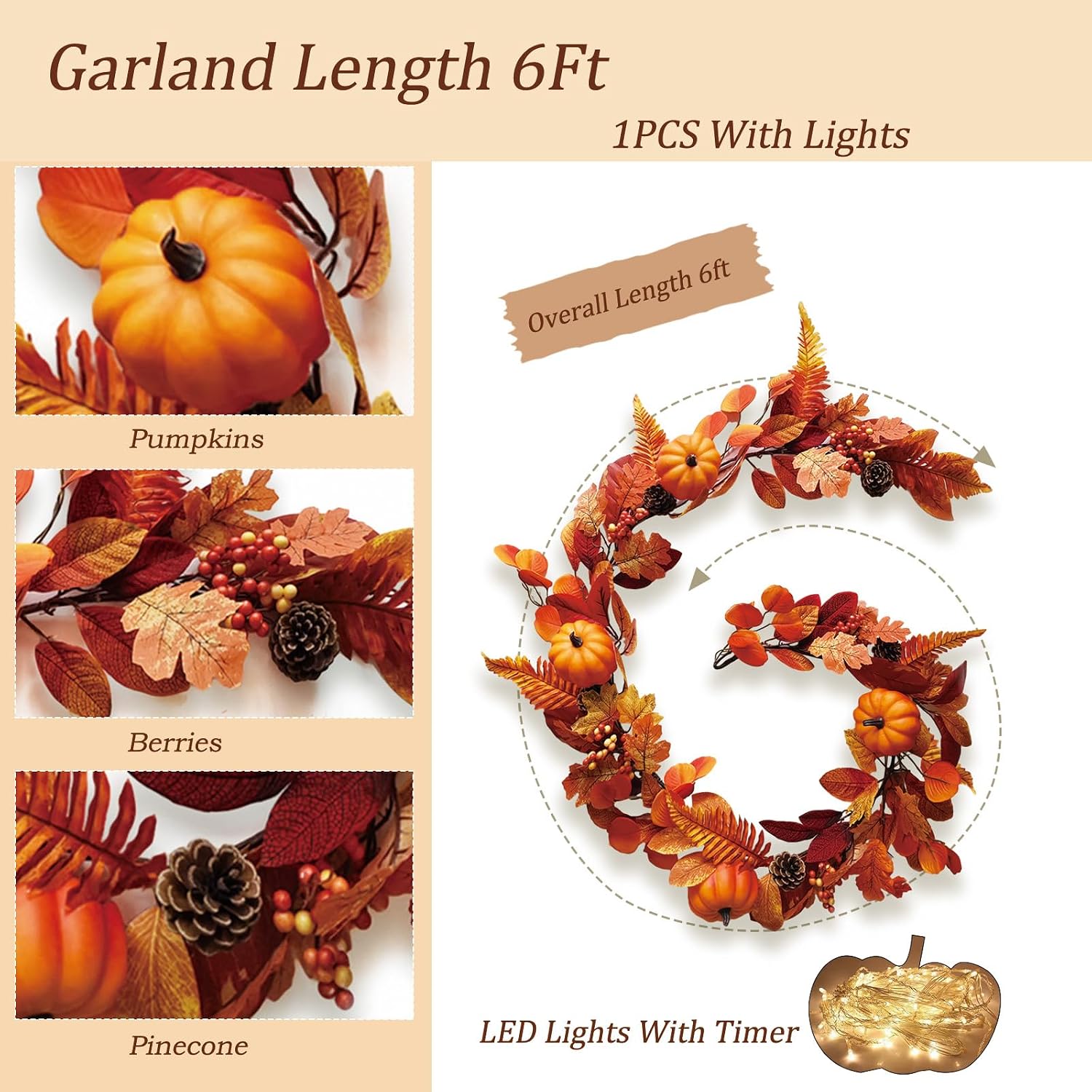 Tanglewick 6Ft Fall Garland with Lights Fall Decorations for Home Fake Berry Pumpkin, 0.44 kg, 1 Pcs, Red