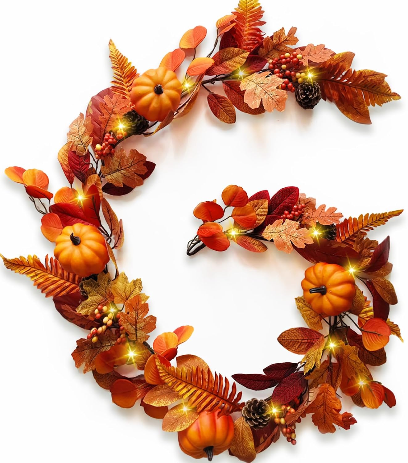 Tanglewick 6Ft Fall Garland with Lights Fall Decorations for Home Fake Berry Pumpkin, 0.44 kg, 1 Pcs, Red