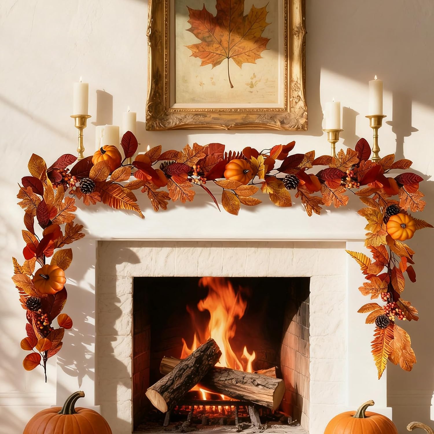 Tanglewick 6Ft Fall Garland with Lights Fall Decorations for Home Fake Berry Pumpkin, 0.44 kg, 1 Pcs, Red