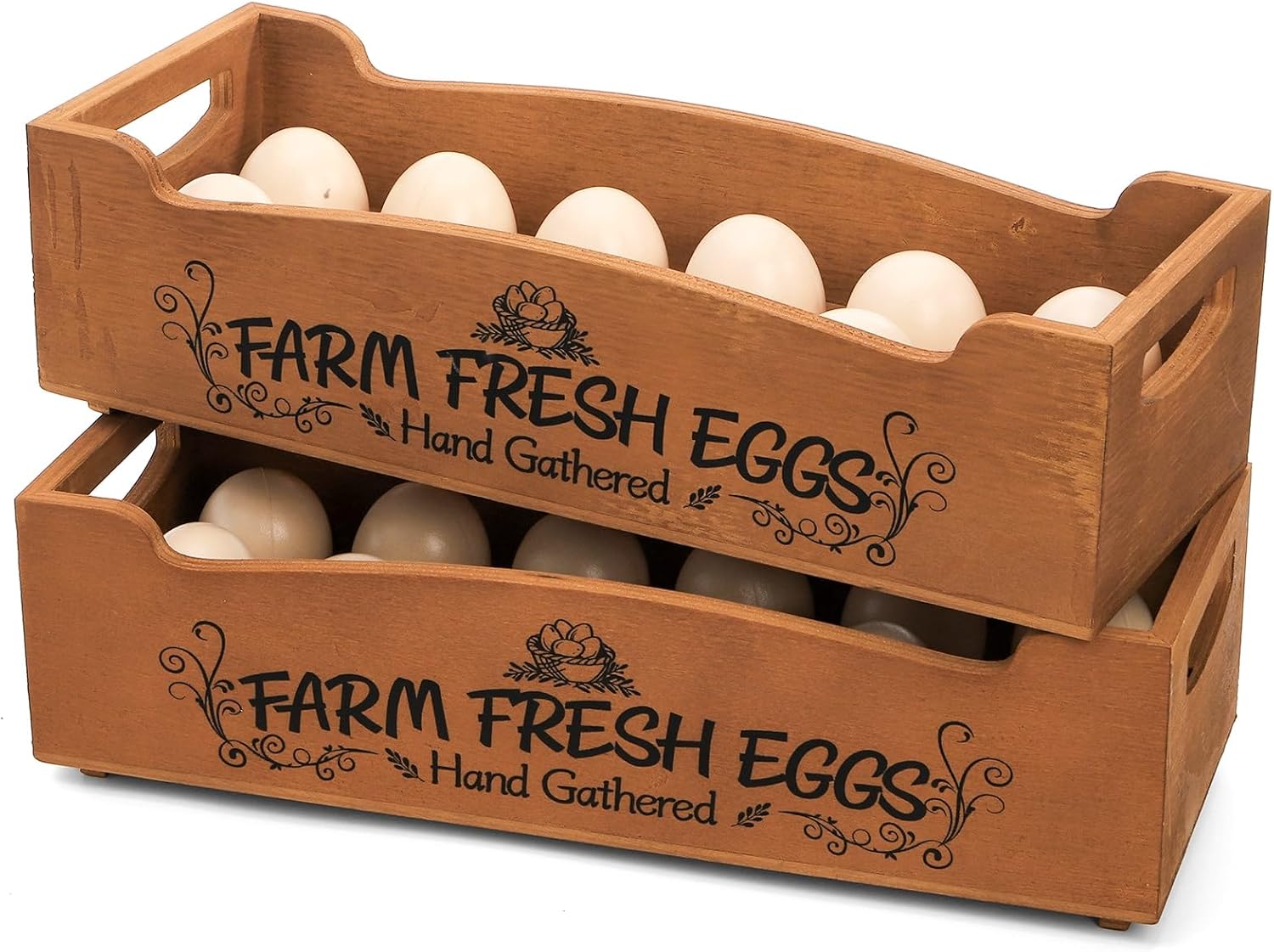 Barleyfield Wooden Egg Holder for Countertop, Stackable 2-Tier Egg Crates for 24 Eggs with Handle, 0.94 kg, Brown