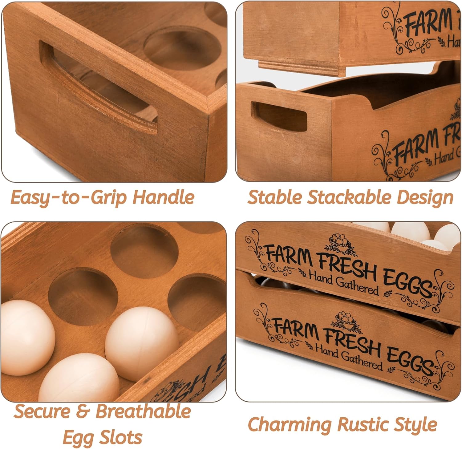 Barleyfield Wooden Egg Holder for Countertop, Stackable 2-Tier Egg Crates for 24 Eggs with Handle, 0.94 kg, Brown