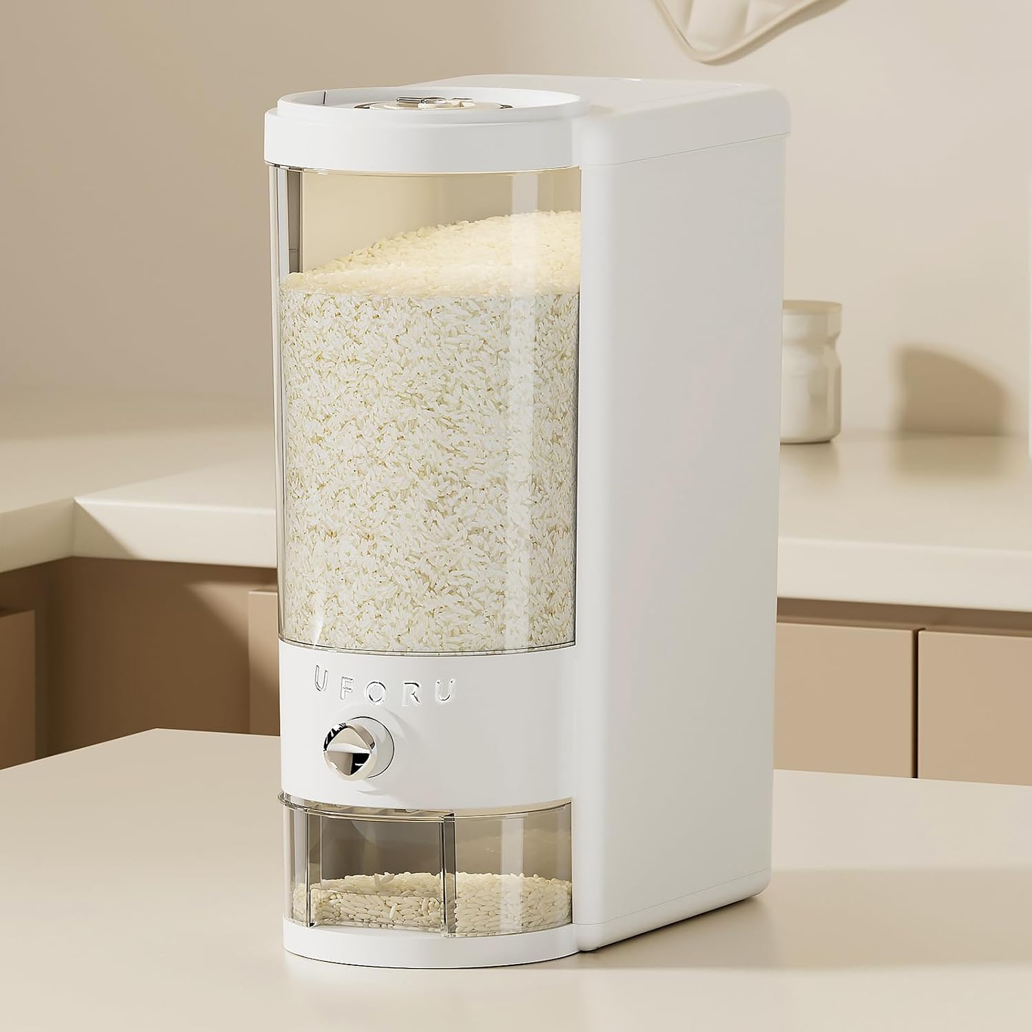 Aldernest Rice Dispenser, 23 LB Airtight Rice Storage Container with Date Dial, 2.6 pounds, clear White