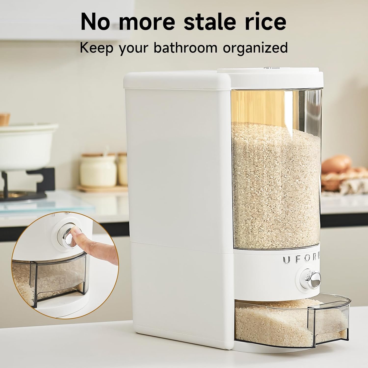 Aldernest Rice Dispenser, 23 LB Airtight Rice Storage Container with Date Dial, 2.6 pounds, clear White