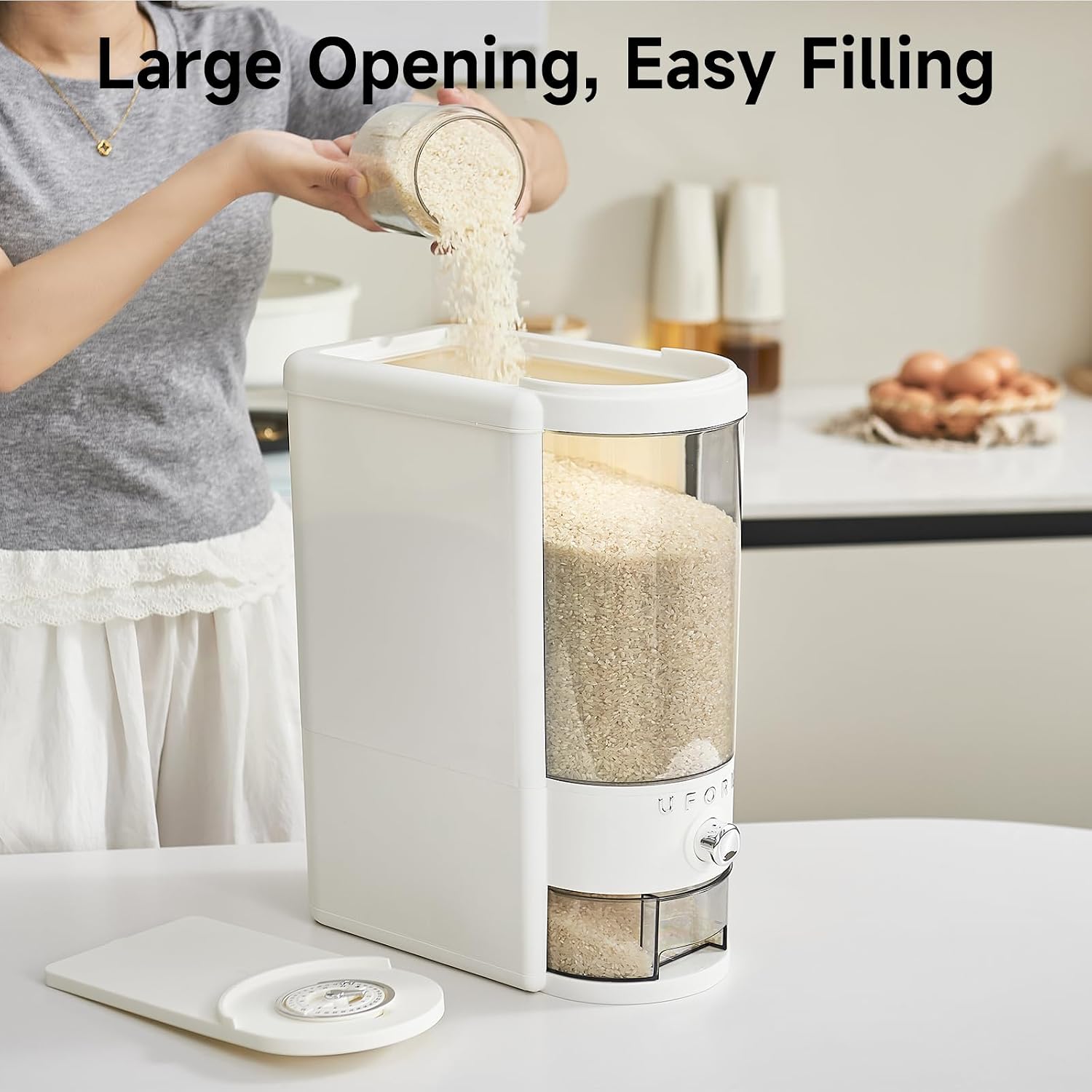 Aldernest Rice Dispenser, 23 LB Airtight Rice Storage Container with Date Dial, 2.6 pounds, clear White