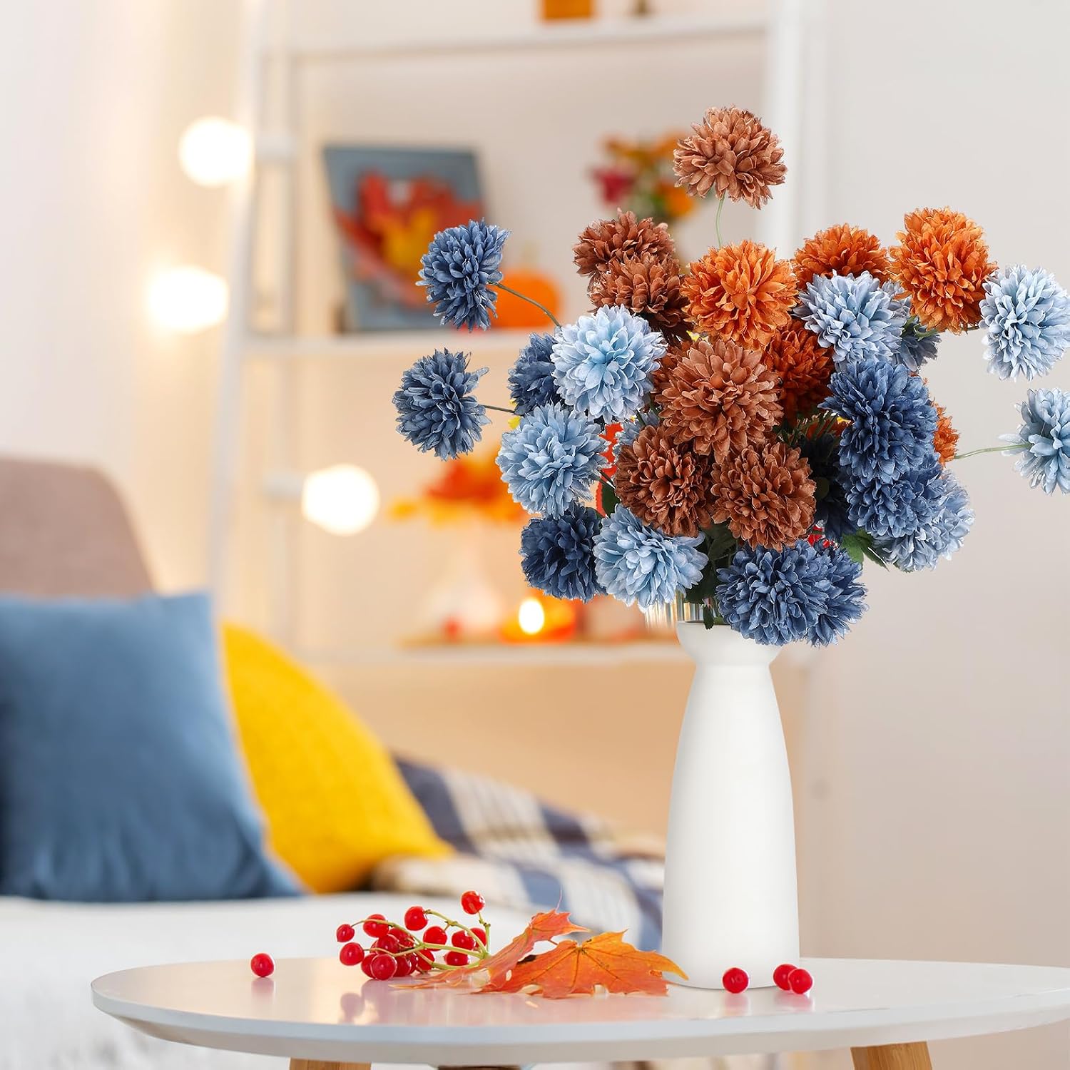 Ashenby 8 21" Thanksgiving Artificial Mums Flowers, Faux Silk Mums for Vase, 0.3 kg, Orange and Navy Blue