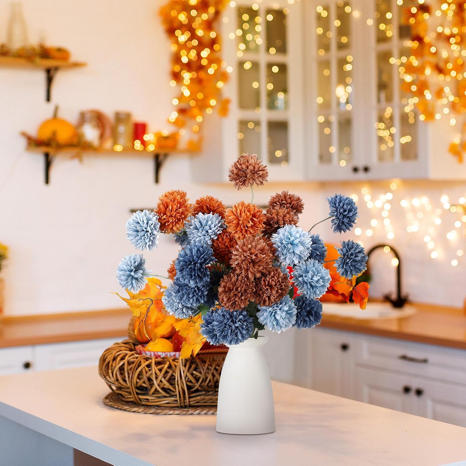 Ashenby 8 21" Thanksgiving Artificial Mums Flowers, Faux Silk Mums for Vase, 0.3 kg, Orange and Navy Blue