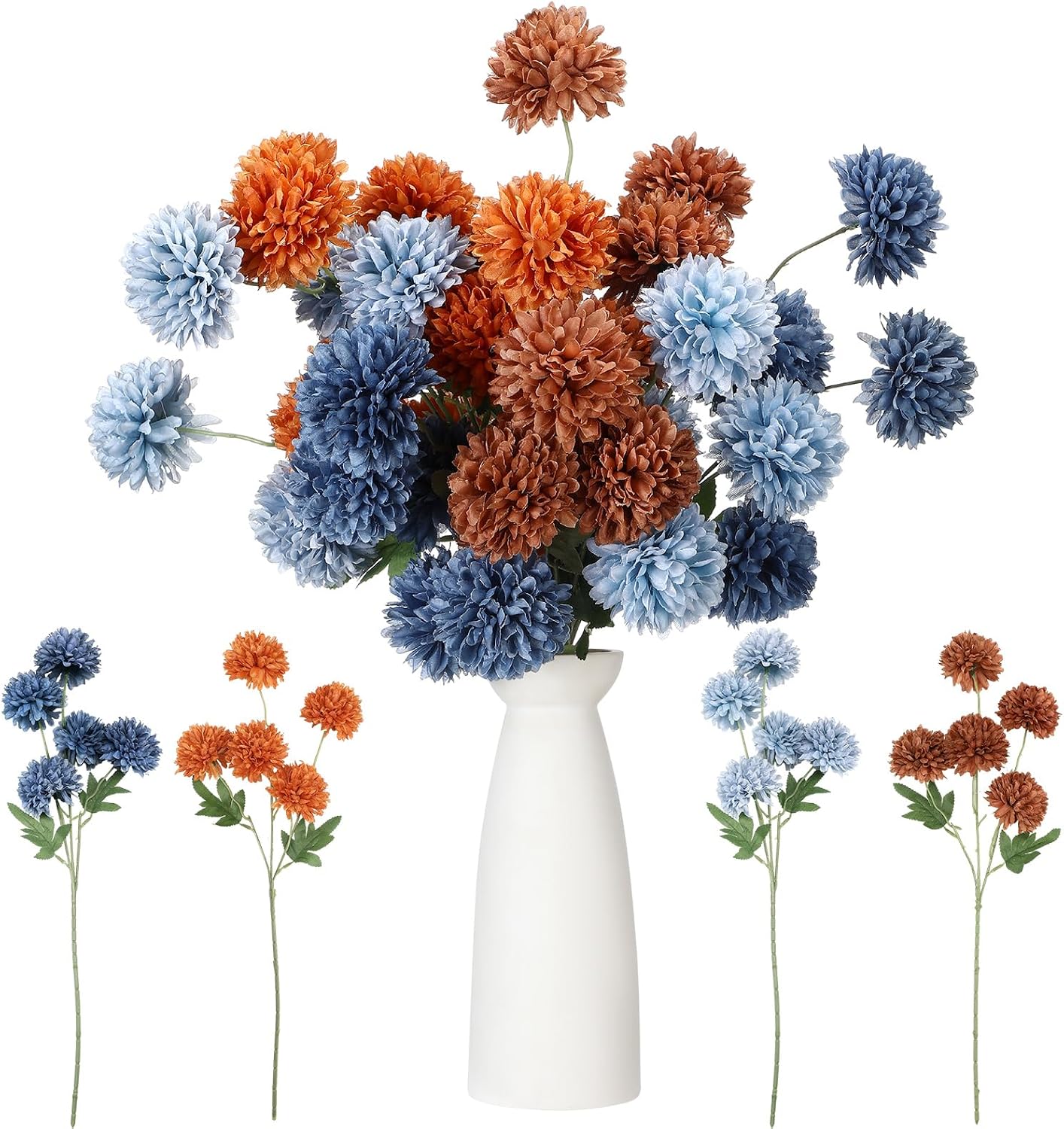 Ashenby 8 21" Thanksgiving Artificial Mums Flowers, Faux Silk Mums for Vase, 0.3 kg, Orange and Navy Blue