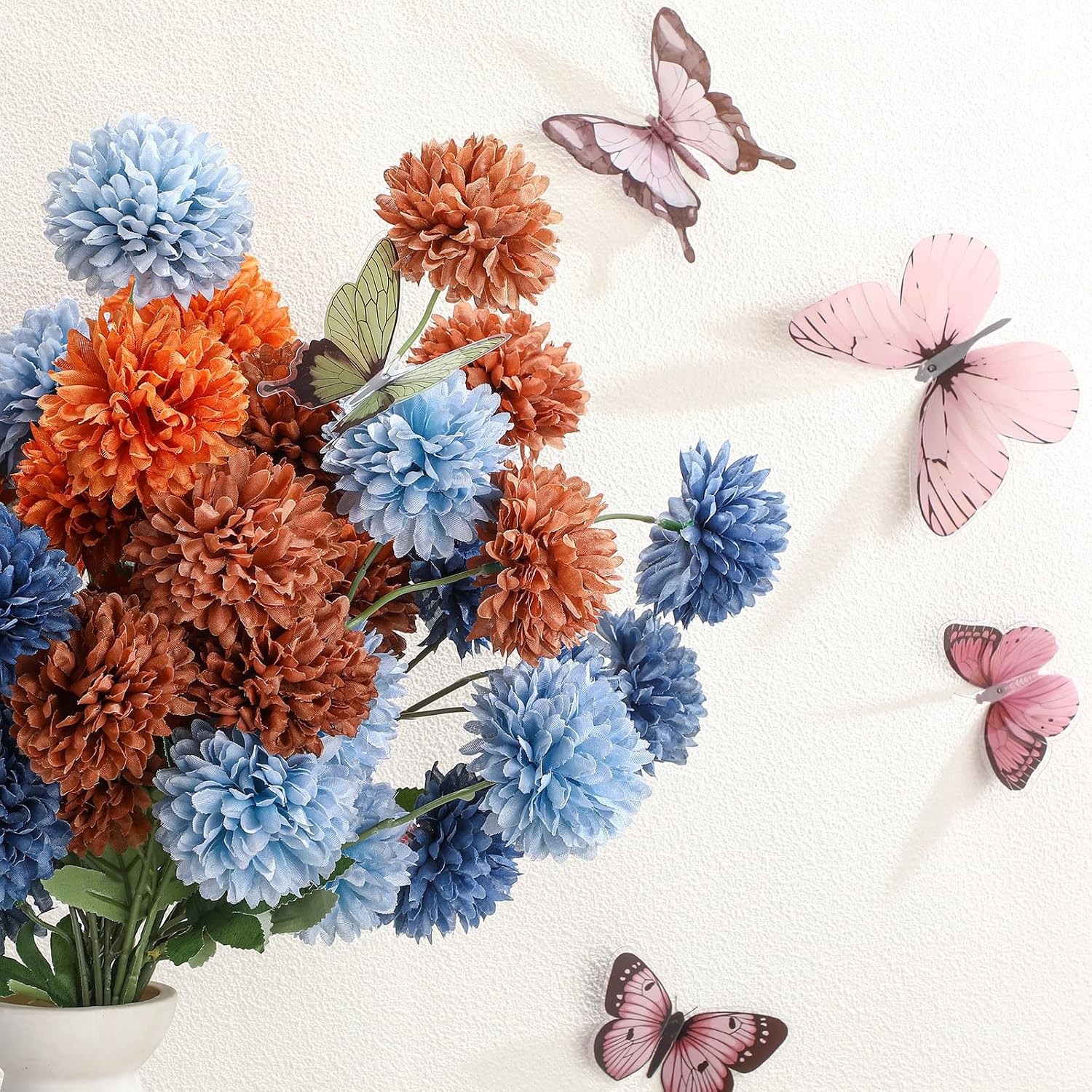 Ashenby 8 21" Thanksgiving Artificial Mums Flowers, Faux Silk Mums for Vase, 0.3 kg, Orange and Navy Blue