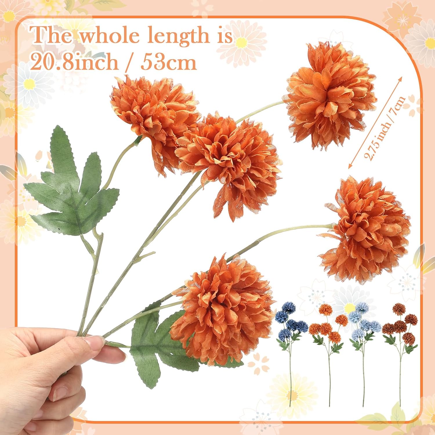 Ashenby 8 21" Thanksgiving Artificial Mums Flowers, Faux Silk Mums for Vase, 0.3 kg, Orange and Navy Blue
