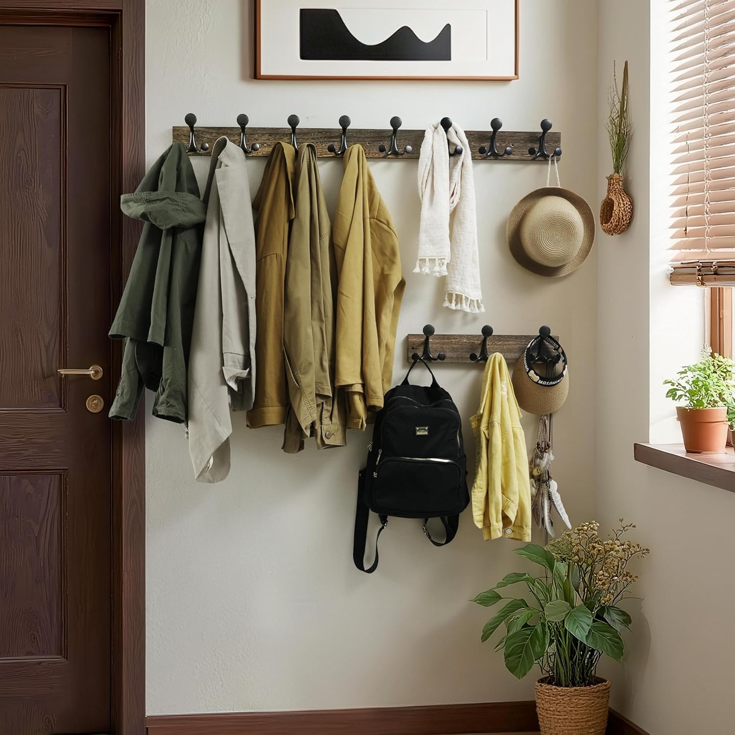 Fernhollow Coat Rack Wall Mount, 17" Solid Wood Coat Hooks Wall Mounted Coat Hanger, Weathered Brown