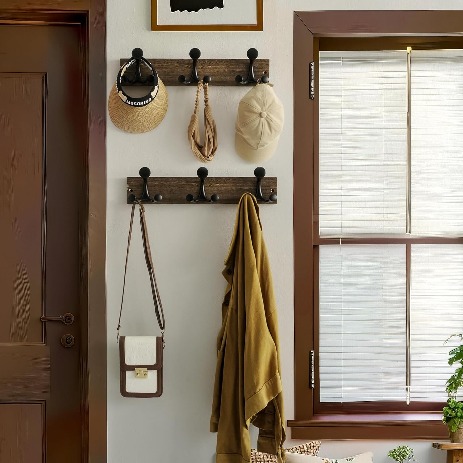 Fernhollow Coat Rack Wall Mount, 17" Solid Wood Coat Hooks Wall Mounted Coat Hanger, Weathered Brown