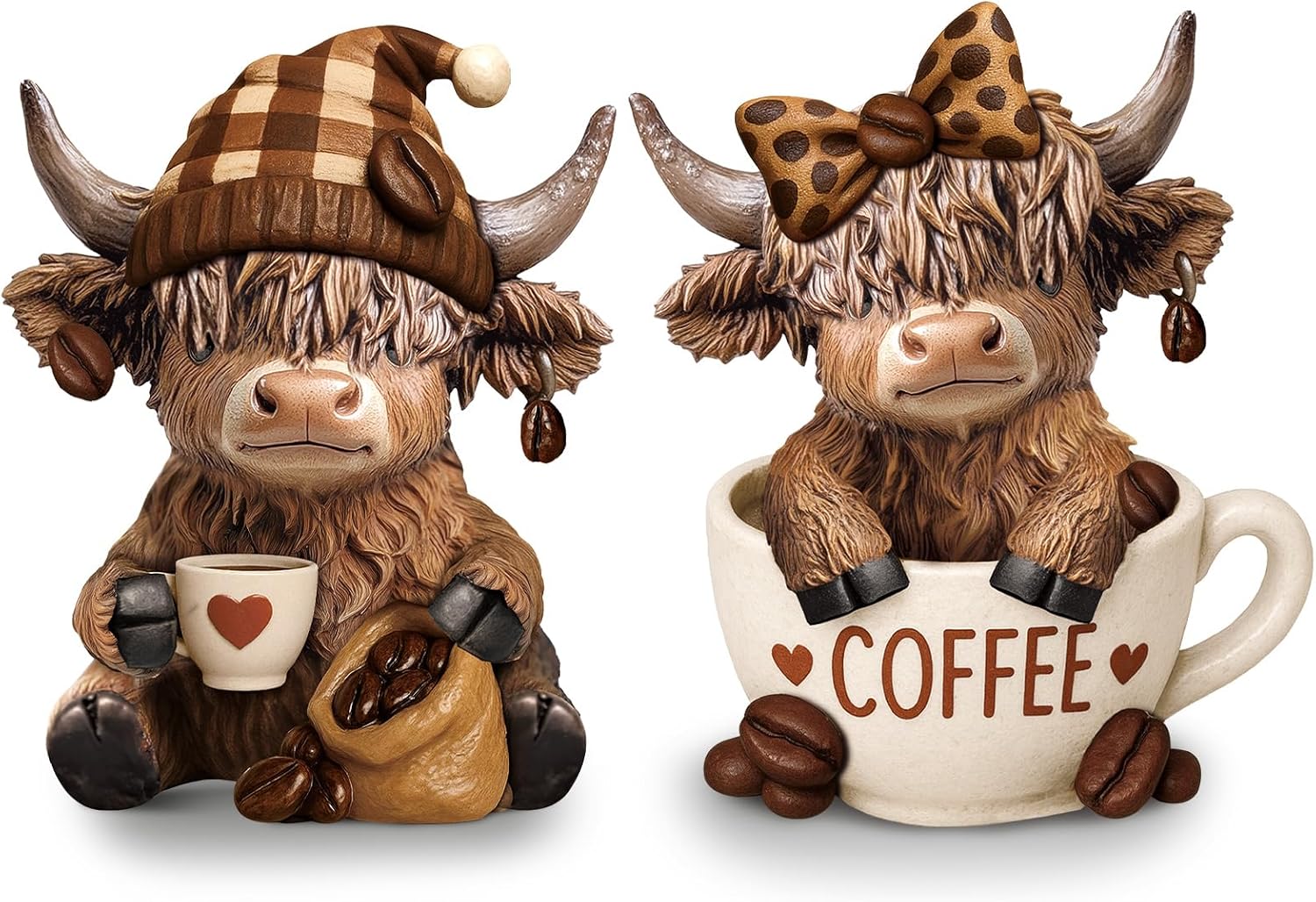 Rowanmere 2 Pcs Highland Cow Figurines, Coffee Resin Statue Desk Decor, 14.24 ounces